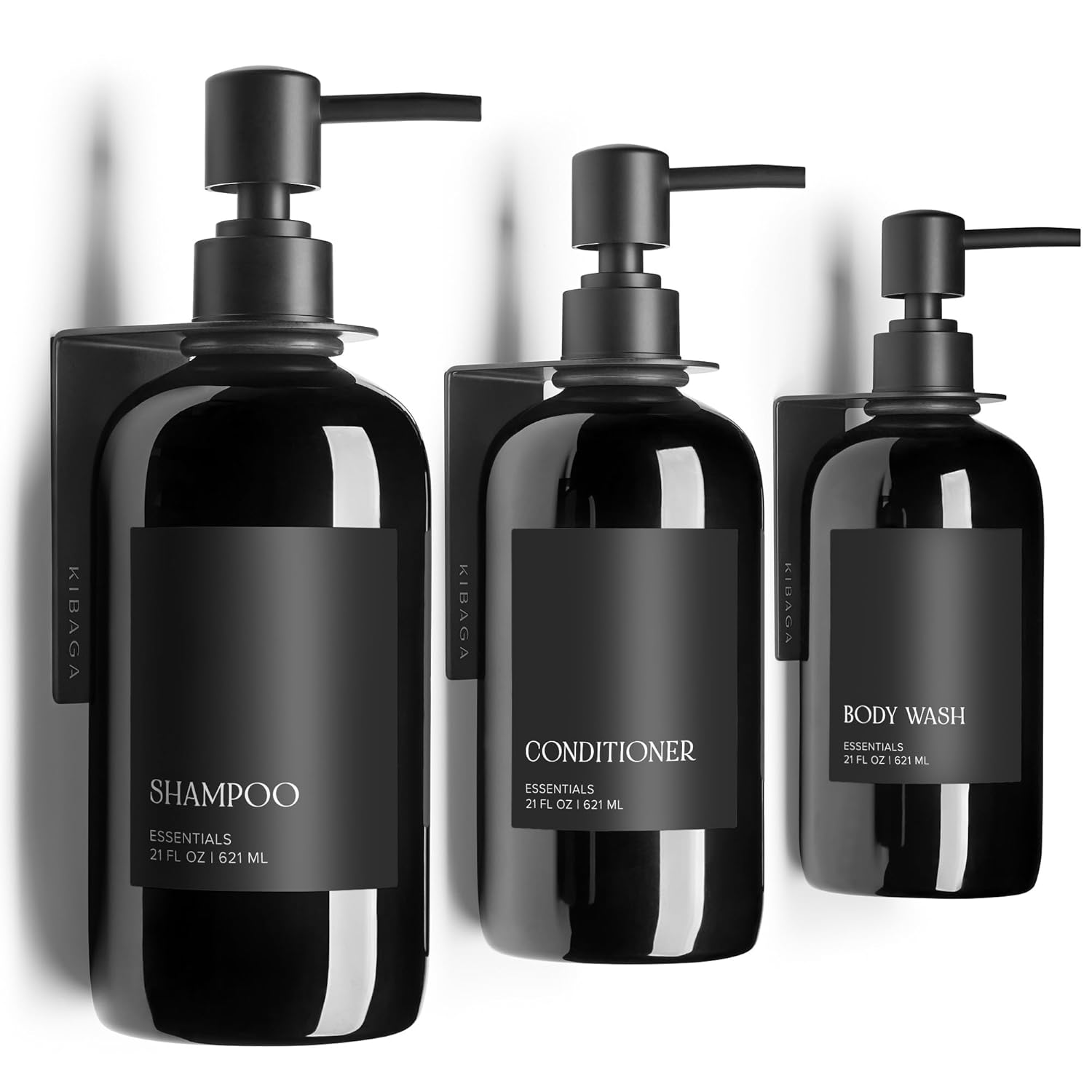 Stylish Shampoo and Conditioner Dispenser Set of 3 for Wall Mount - Modern Drill Free 21oz Shower Soap