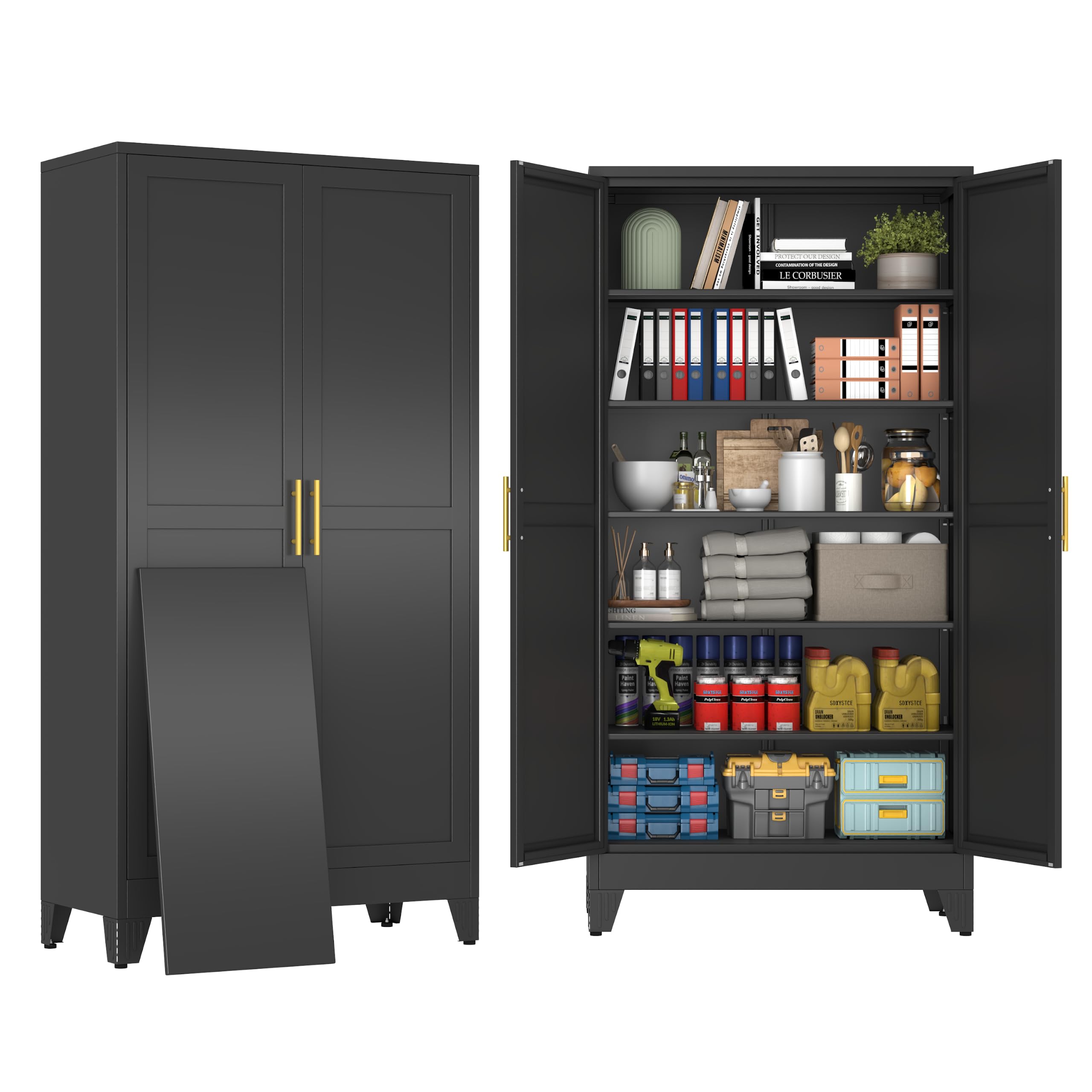 79" Black Metal Storage Cabinet with 2 Doors and 5 Adjustable Shelves,Steel Garage Tool Cabinet, File Cabinet,Kitchen Pantry Cabinet for Home,Office,Garage,School,Warehouse