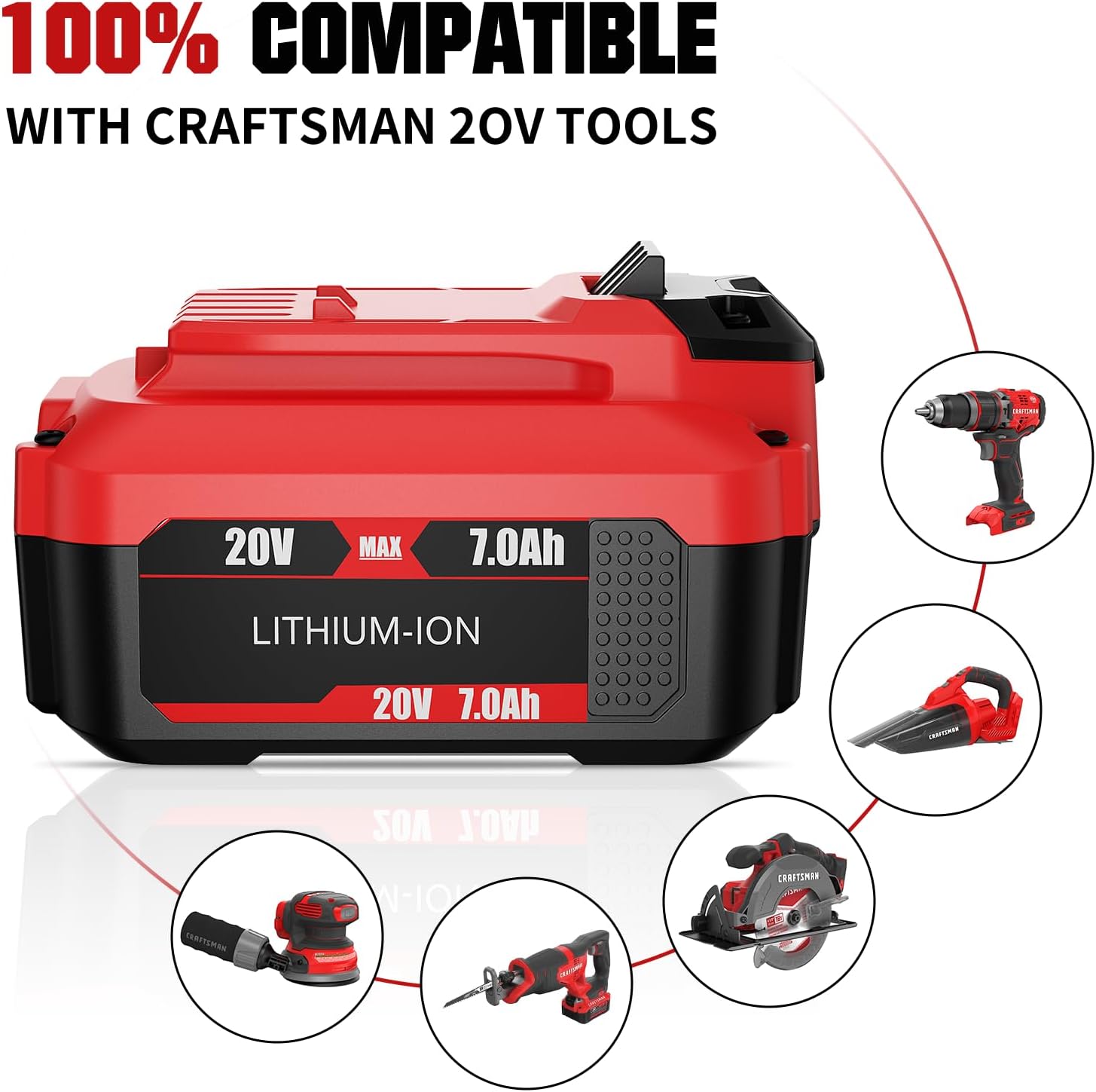 2Pack 7.0Ah Replacement Craftsman 20V Battery and Charger Set for V20 Series CMCB202 CMCB204 CMCB205 CMCB206 CMCB201 CMCB100 CMCB124 Cordless Tools with CMCB104 Craftsman 20V Battery Charger - Image 3