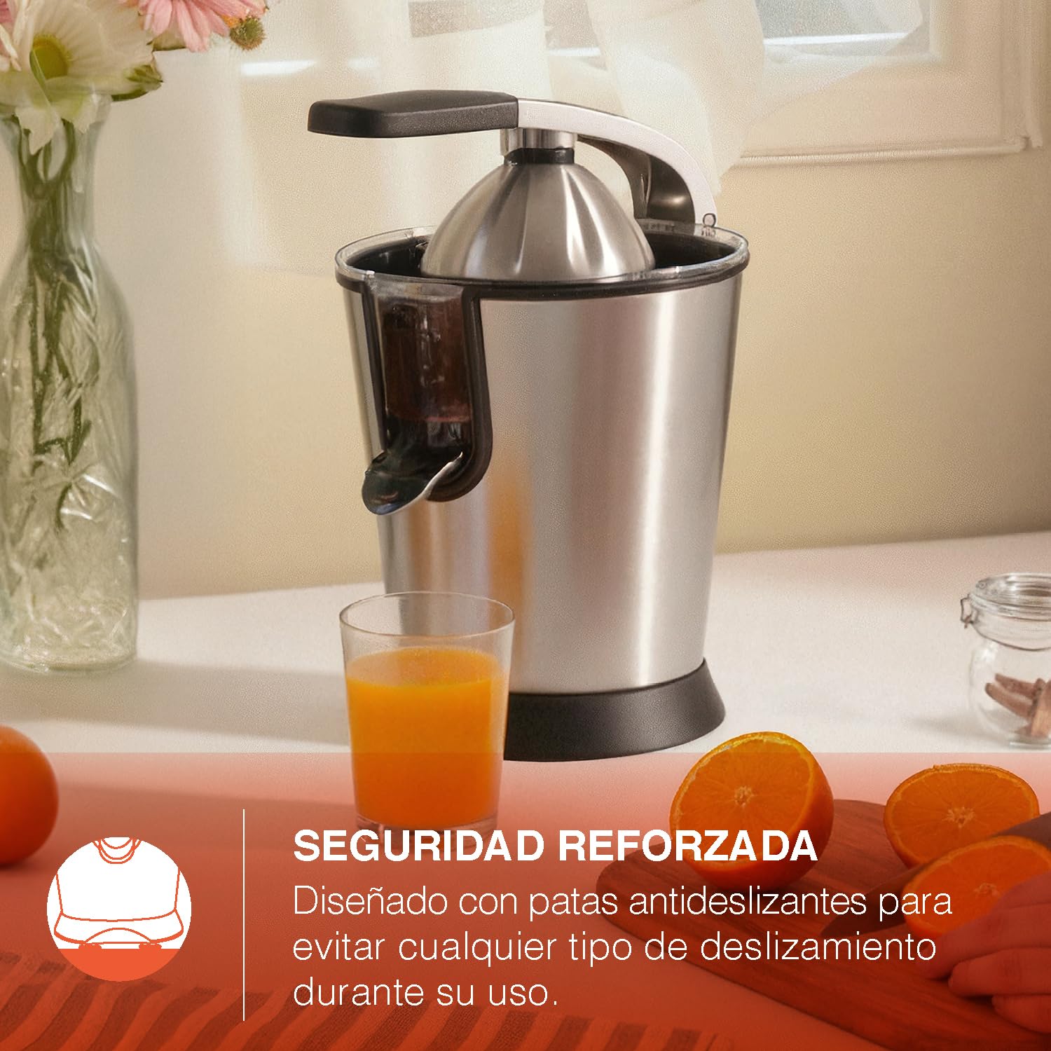 H.Koenig AGR80 - Exprimidor eléctrico de naranjas profesional de 160 W, palanca y filtro de acero inoxidable, sistema antigoteo, sin BPA, piezas aptas para lavavajillas