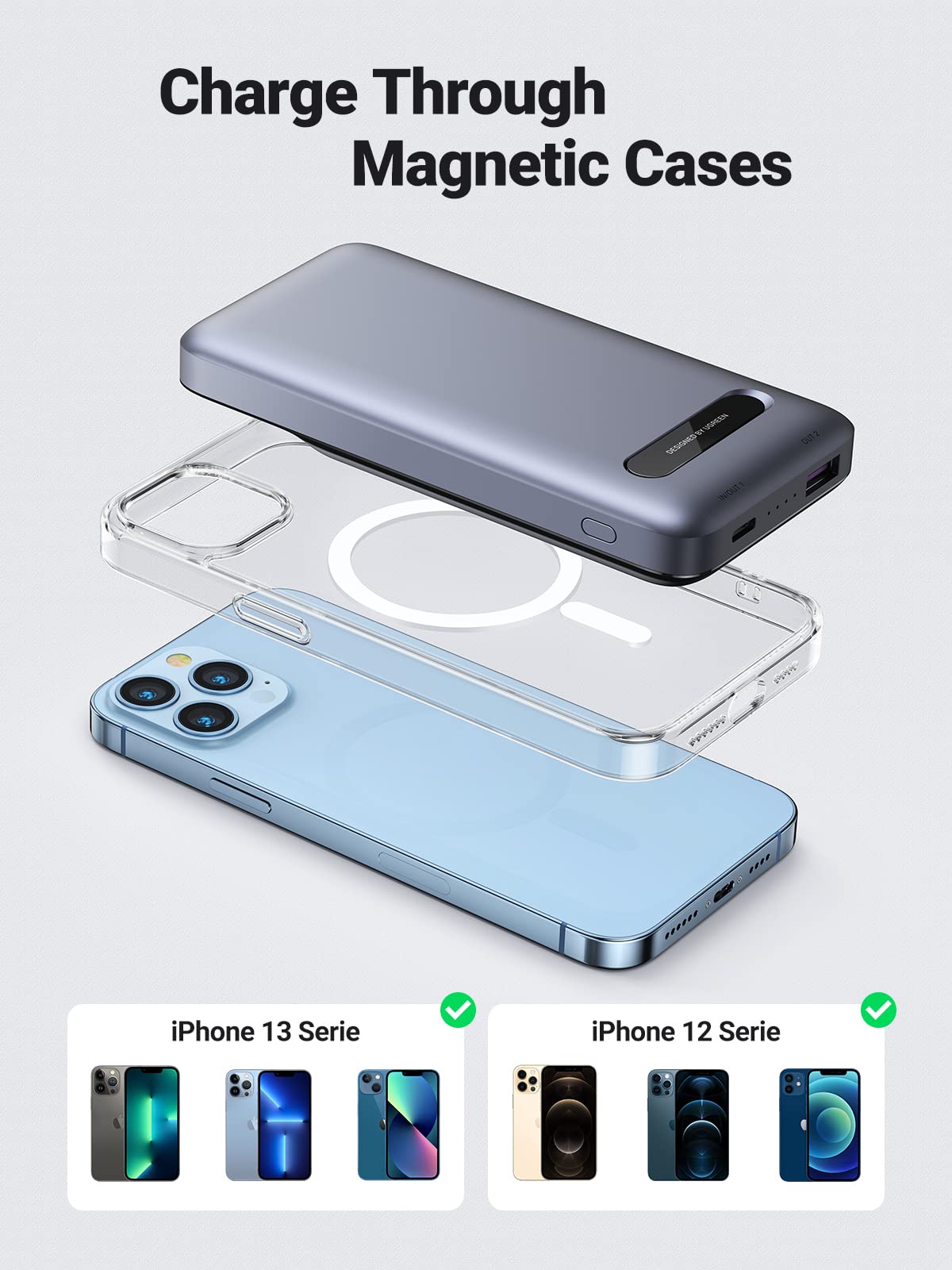 スマホアクセサリー UGREEN 3-in-1 Fast Charging Power 10000m UGREEN Kablosuz manyetik Powerbank 10000 mAh taşınabilir şarj