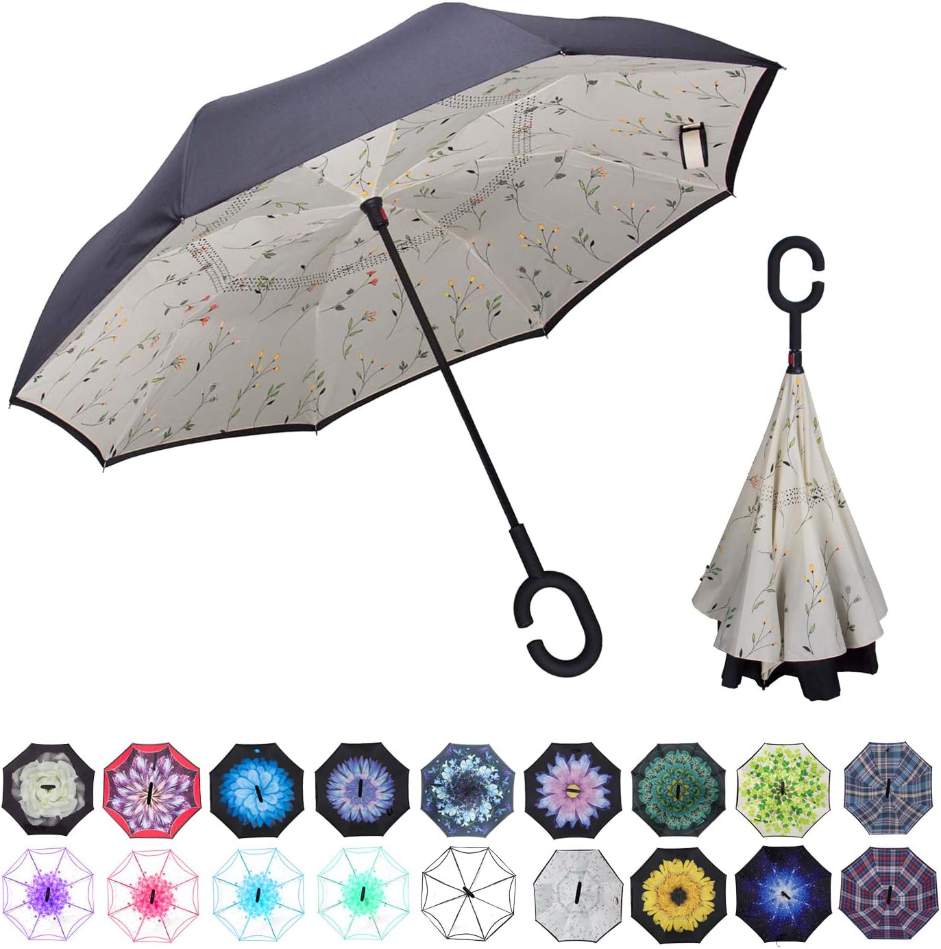 WASING Double Layer Inverted Umbrella Cars Reverse Umbrella, Windproof UV Protection Big Straight Umbrella for Car Rain Outdoor With C-Shaped Handle