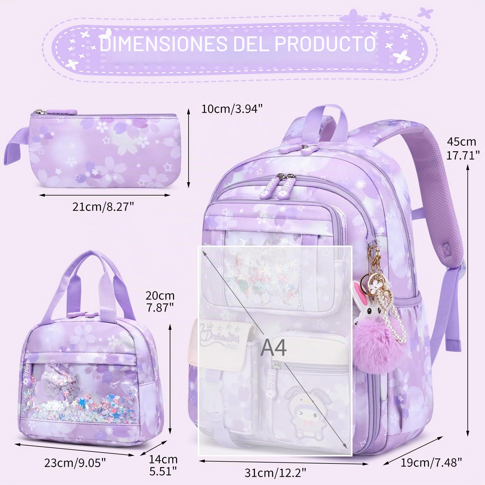 Mochilas escolares para niñas, capacidad Lagre,mochilas para niñas para primaria (Mochila Infantil + Bolsa de Almuerzo Aislada + Estuche Para Lápices, Color Morado)