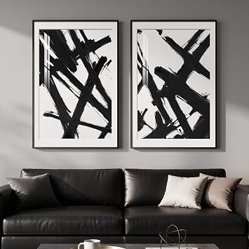 Large Framed Modern Black and White Wall Art for Living Room, 2 Piece Minimalist Abstract Line Print Paintings, Bright Style Pictures Artwork Decor for Bedroom Dining Room Hallway, 24x36 Inch
