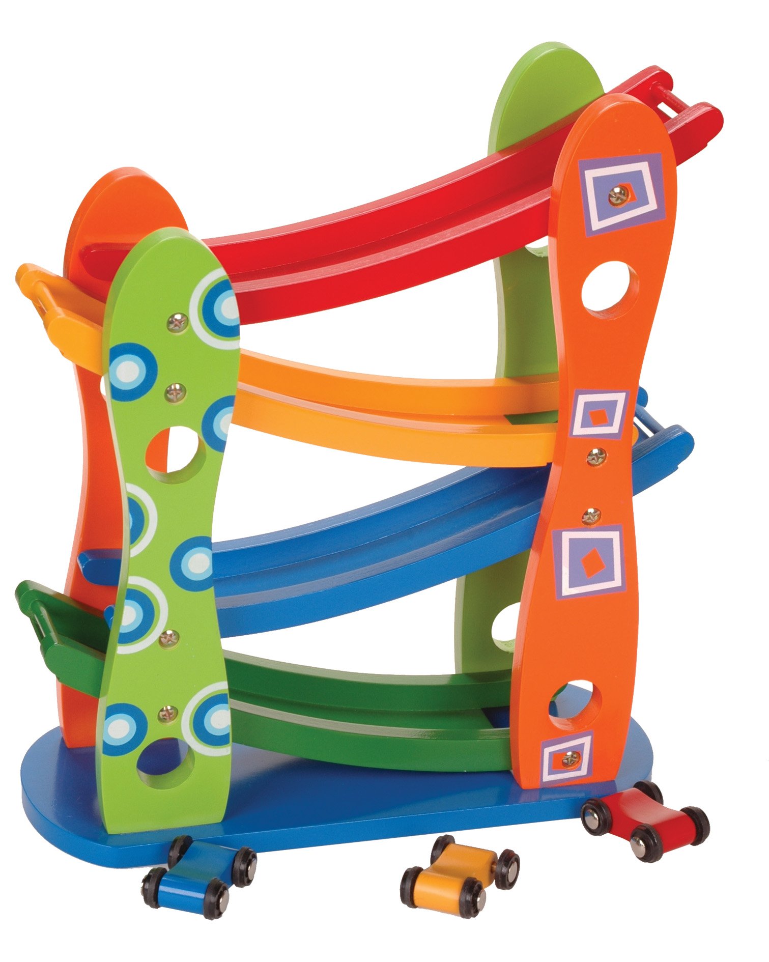 Holz-Autorampe Kinder, Bunte Rennbahn mit 3 Spielzeugautos, 4 Ebenen Wasserfallbahn aus Holz, Auto-Rollbahn Motorikspielzeug Geschenk für Jungen Mädchen ab 3 Jahren