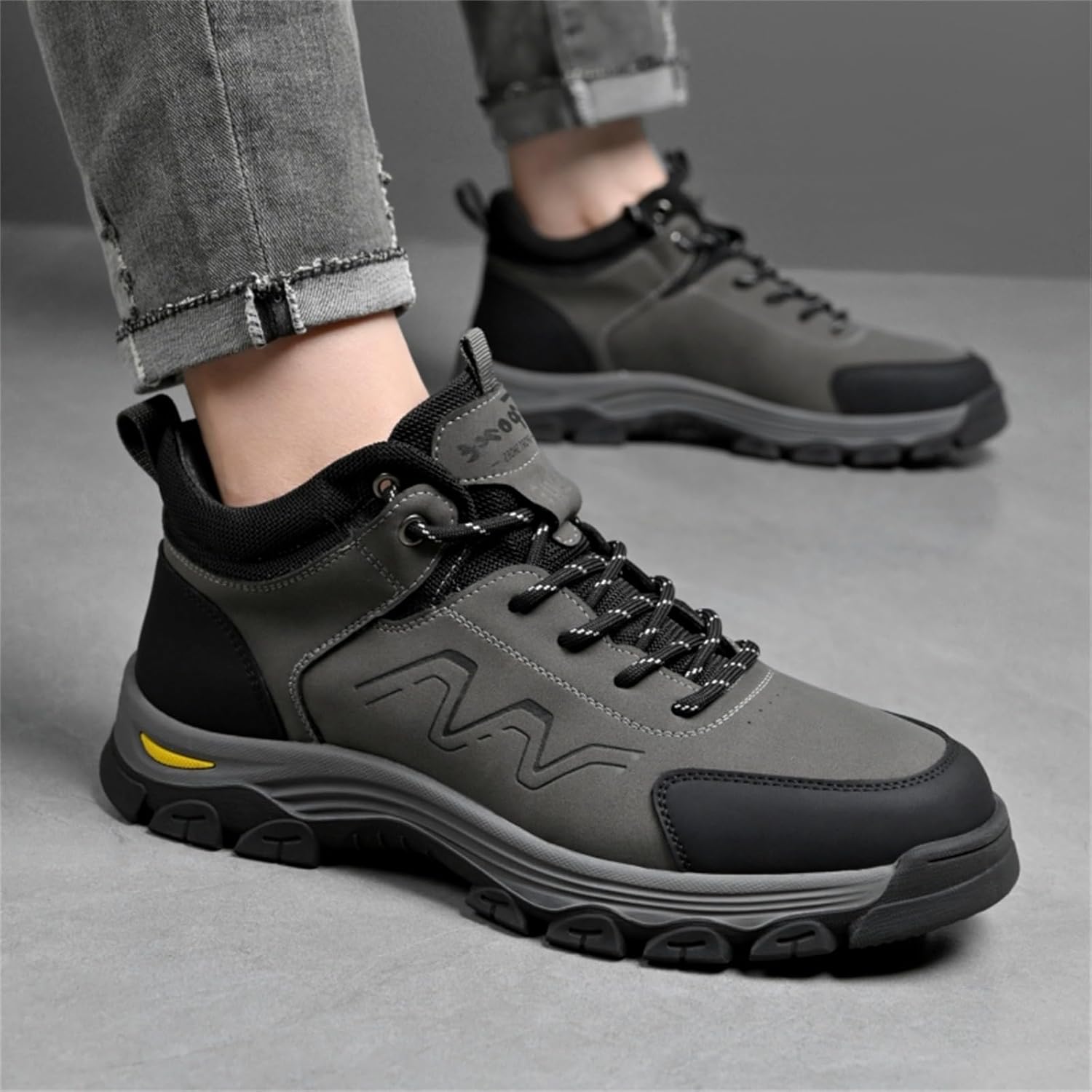 Men's Retro Waterproof Leather Lace Up Mid Top Platform Hiking Ankle Boots Breathable Non Slip with Arch Support Lightweight Outdoor Shoes for Backpacking Trekking Trails Camping Fishing