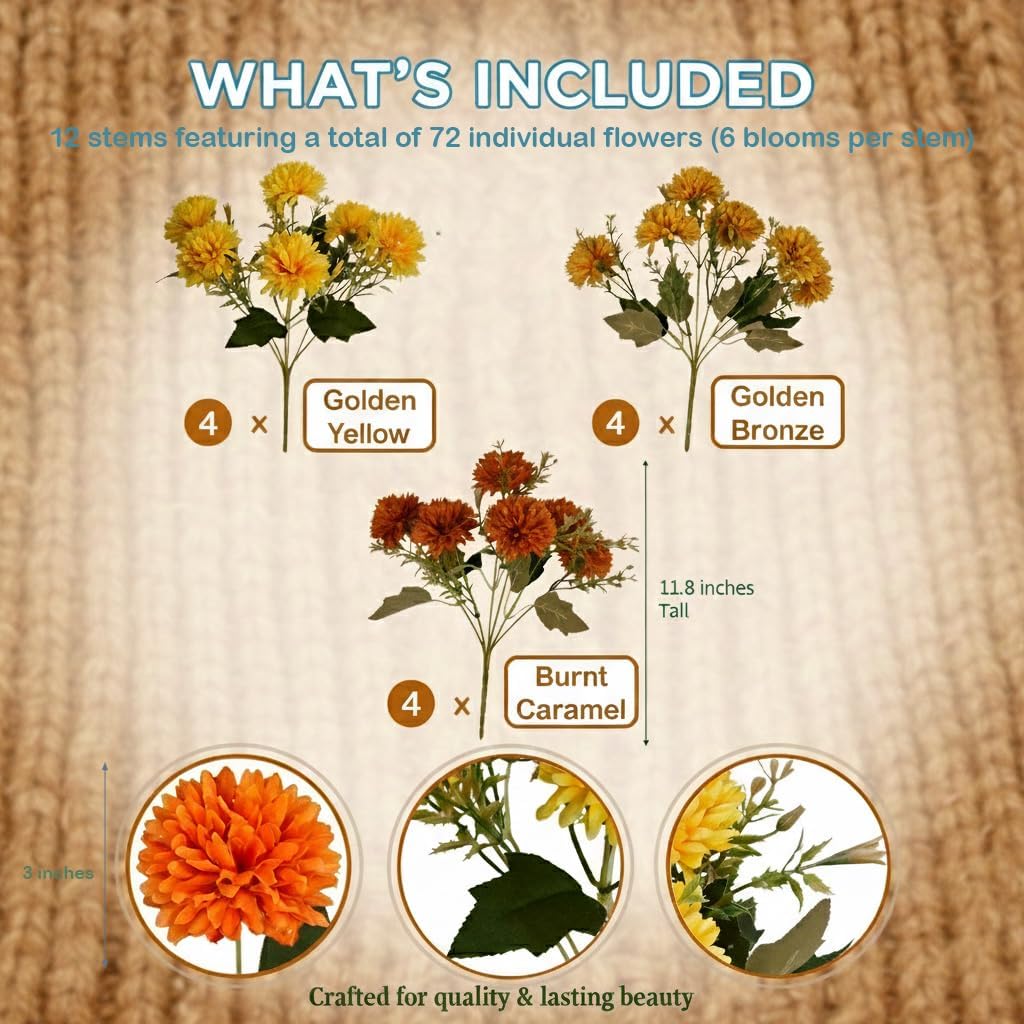 Faux Florals Plants 12 Mum Stems with 72 Silk Flowers, Fake Flowers Artificial Chrysanthemum Florals, for Rooms Outdoor Front Porch Planters Outside Pots Boxes