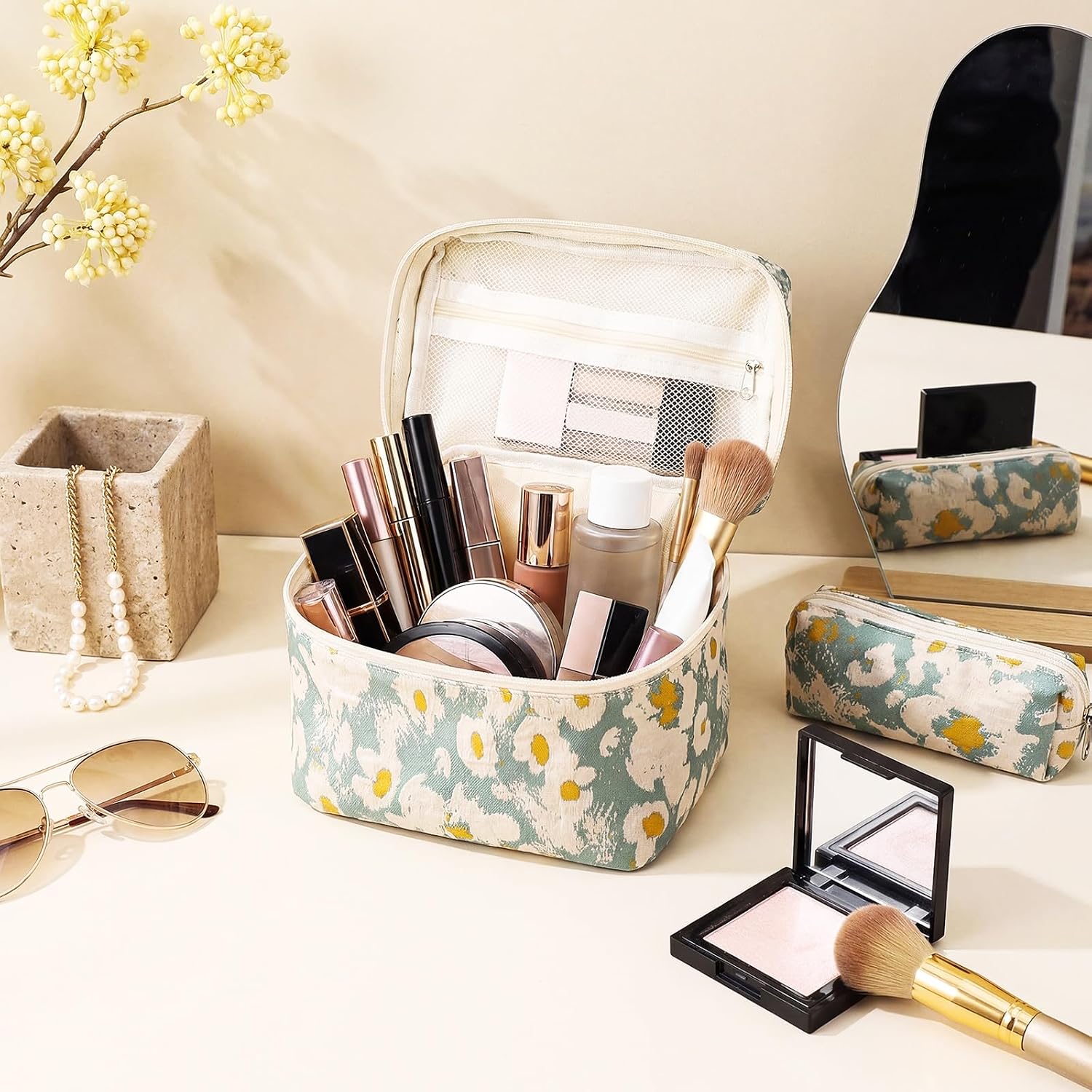 Abbylike 4 Pcs Plumeria Floral Makeup Bag Set Large Travel Cosmetic Bags Cute Canvas Make up Bag for Women Toiletry Bags Organizer for Travel and Daily Use(Sage Green)