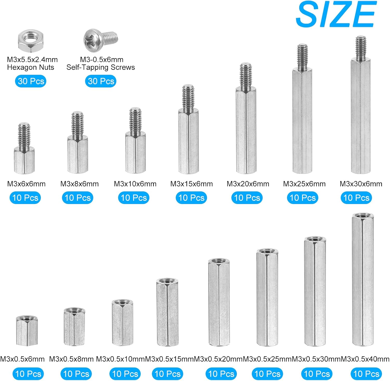 uxcell M3 Coupling Nuts and Hex Standoff Spacers, 304 Stainless Steel Male Female Thread Motherboard Assortment Kit with Self Tapping Screws and Hexagon Nuts for DIY Computer Build