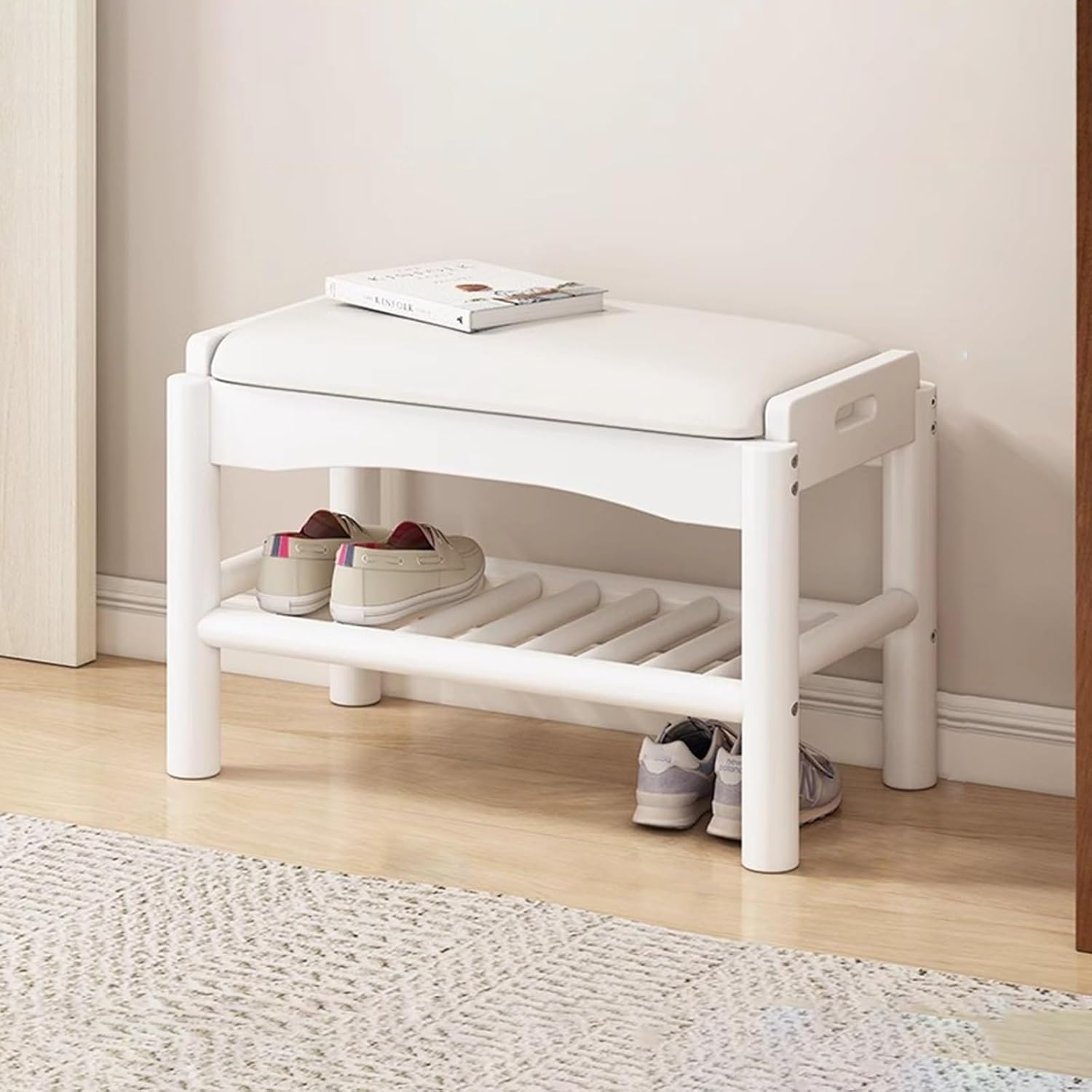 Farmhouse Upholstered Storage Bench for Entryway, Bedroom, Living Room - Stylish Wooden (Walnut, 45x30x40cm) - Versatile Furniture for Home Decor