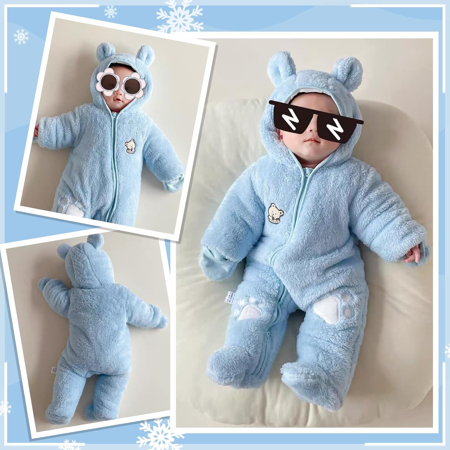 Newborn Baby Bear Onesie Snowsuit Winter Footie Fleece Romper Hooded Jumpsuit Infant Coat for Girls Boys 0-12M - Image 5