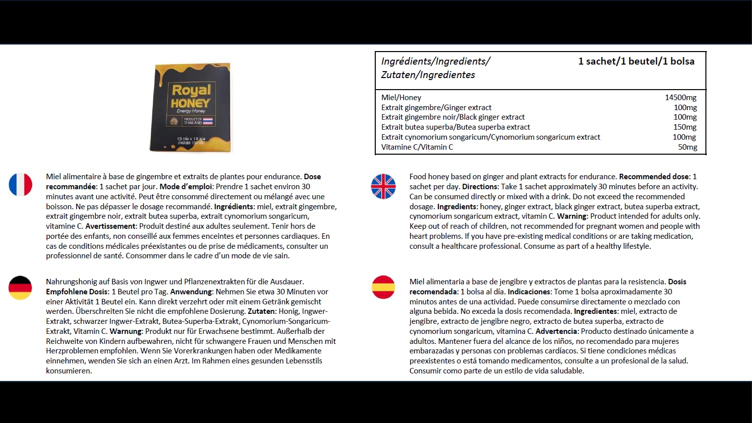 Royal Honey Black - Miel afrodisíaca para hombre, estimulante, afrodisíaco natural duradero, fórmula intensa con ginseng, para aumentar la resistencia, eficaz, 10 bolsitas individuales
