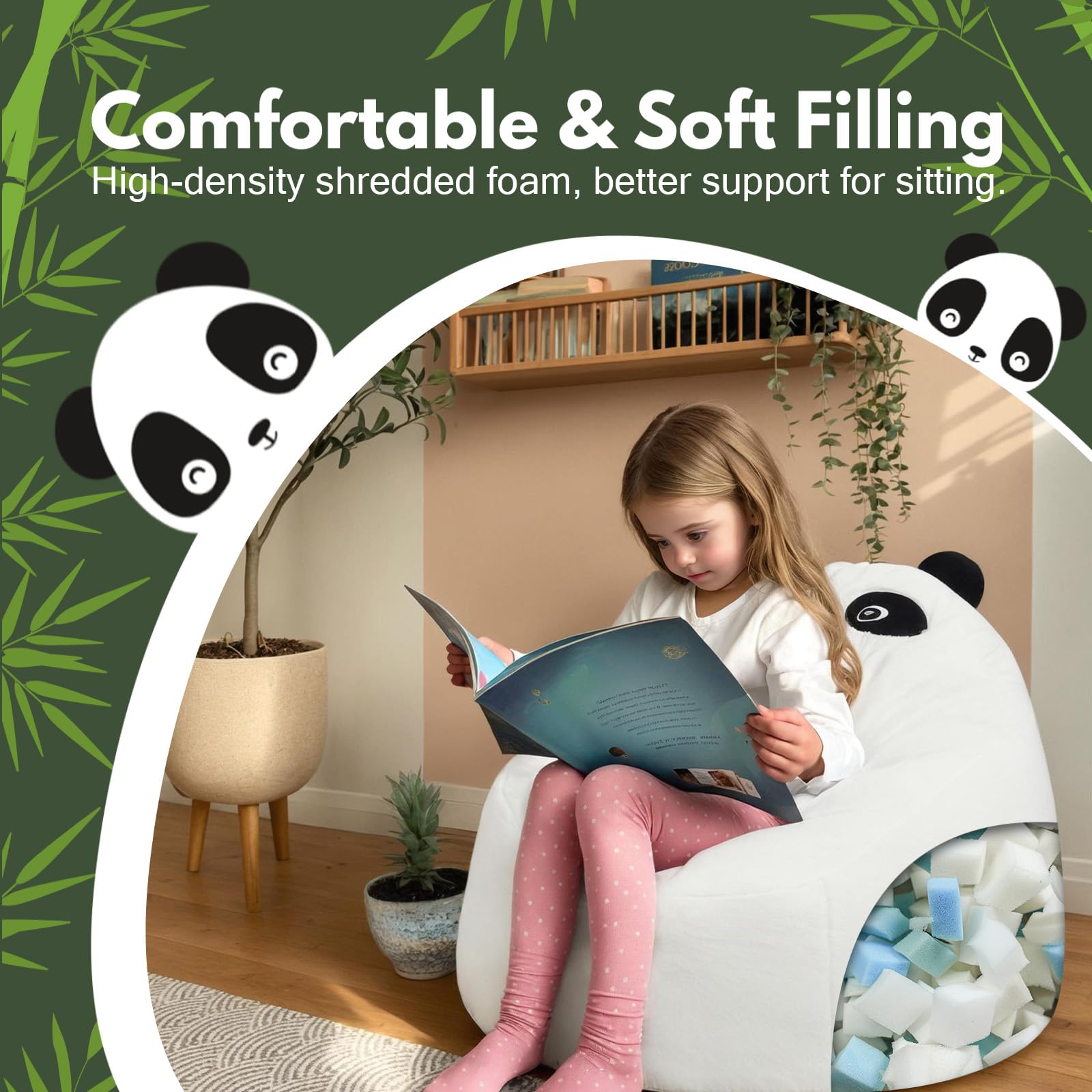COMAX Bean Bag Chairs for Kids, Toddler BeanBag Sofa with Filler Bean Couch Stuffed for Boys and Girls, Lazy Floor Chair for Playroom, Nursery Room, Panda