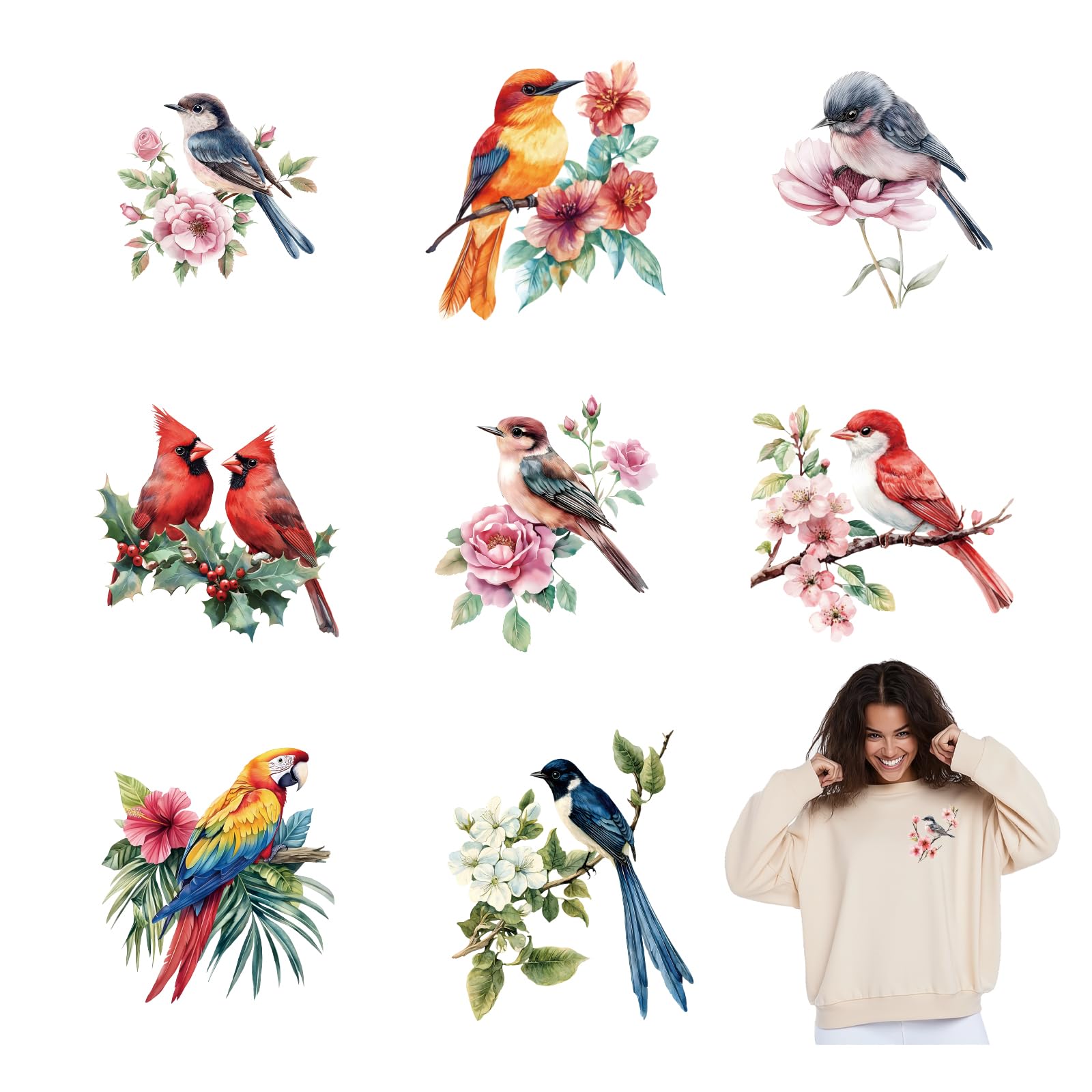SUPERDANT 9PCS Birds Flowers Iron On Transfers Parrot Heat Transfer Stickers Iron on Patches Stickers Hummingbirds Heat Transfer Decals Read to Press for T Shirts Clothing DIY Art