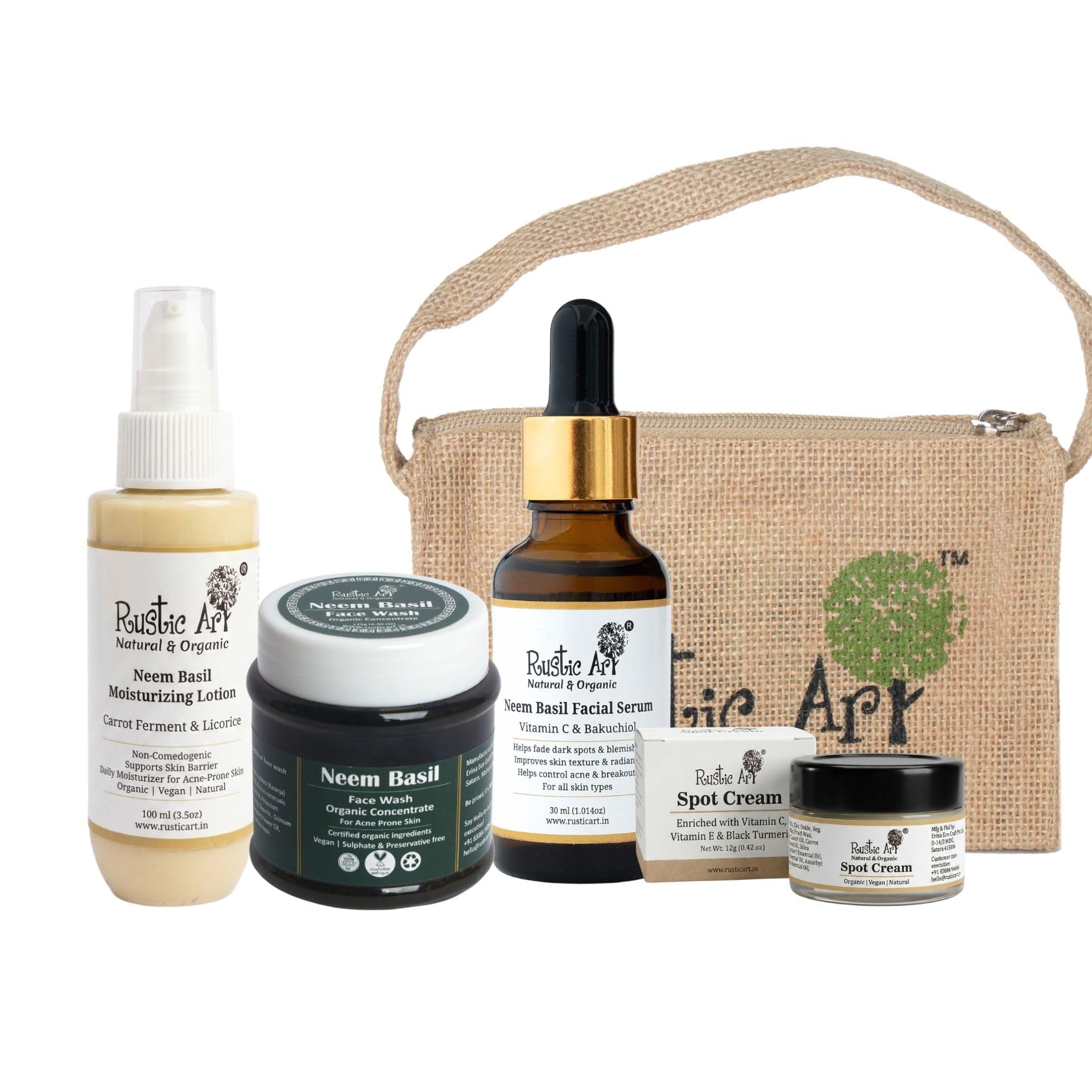 Rustic Art Anti Acne Kit(Large) | Jute Pouch | Neem Basil Face Wash | Neem Moisturizing Lotion | Neem Basil Serum | Spot cream-image-27