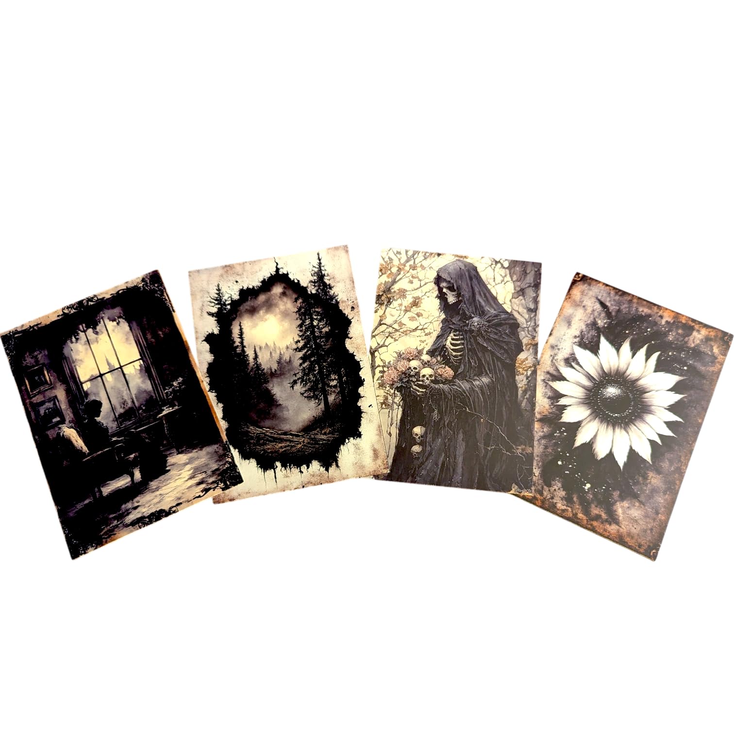 Kims Crafty Corner Gothic Autumn Postcard Set – 4 Dark Academia Art Prints with Haunted Houses, Skeleton Trees & Victorian Figures | Vintage Gothic Stationery or Wall Art Décor (Black Wicca Set 18)