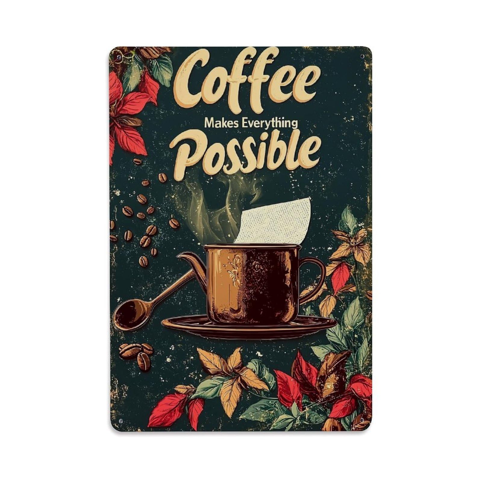 Jdfenggu Vintage Coffee Cup Steam Leaves Spoon Retro Metal Tin Sign, Decor Art Poster For Bar, Home, Man Cave, Kitchen, Laundry Room Gift 8X12inch