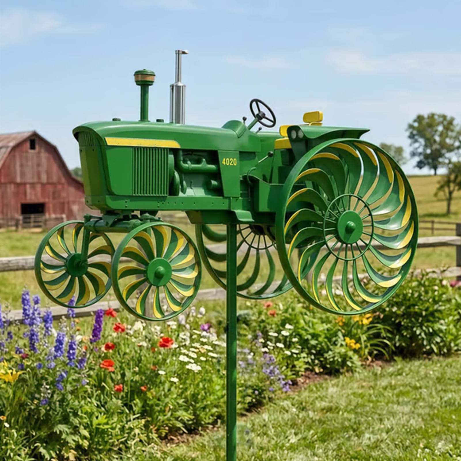 Green Tractor Garden Spinners with Rotating Wheels Garden Windmill Yard Ground Stake Windmill for Front Yard Porch Backyard Lawn Flower Bed