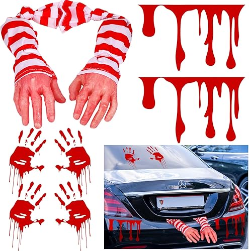 PerKoop Decoración de Halloween para maletero de automóvil, brazos falsos realistas a mano con brazo de tela a rayas que fluye goteando, calcomanías