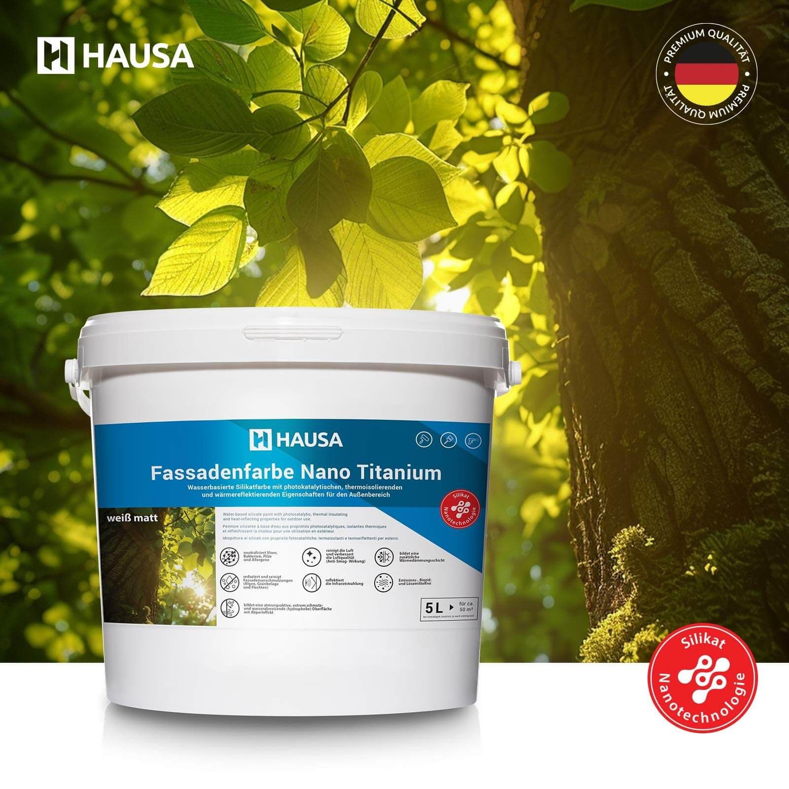 HAUSA Fassadenfarbe Nano Titanium 5L weiß matt Wandfarbe für Außen mit Abperleffekt, extrem wetterbeständig, energiesparend thermoisolierend, reinigt die Luft (Anti-Smog Wirkung) algenresistent