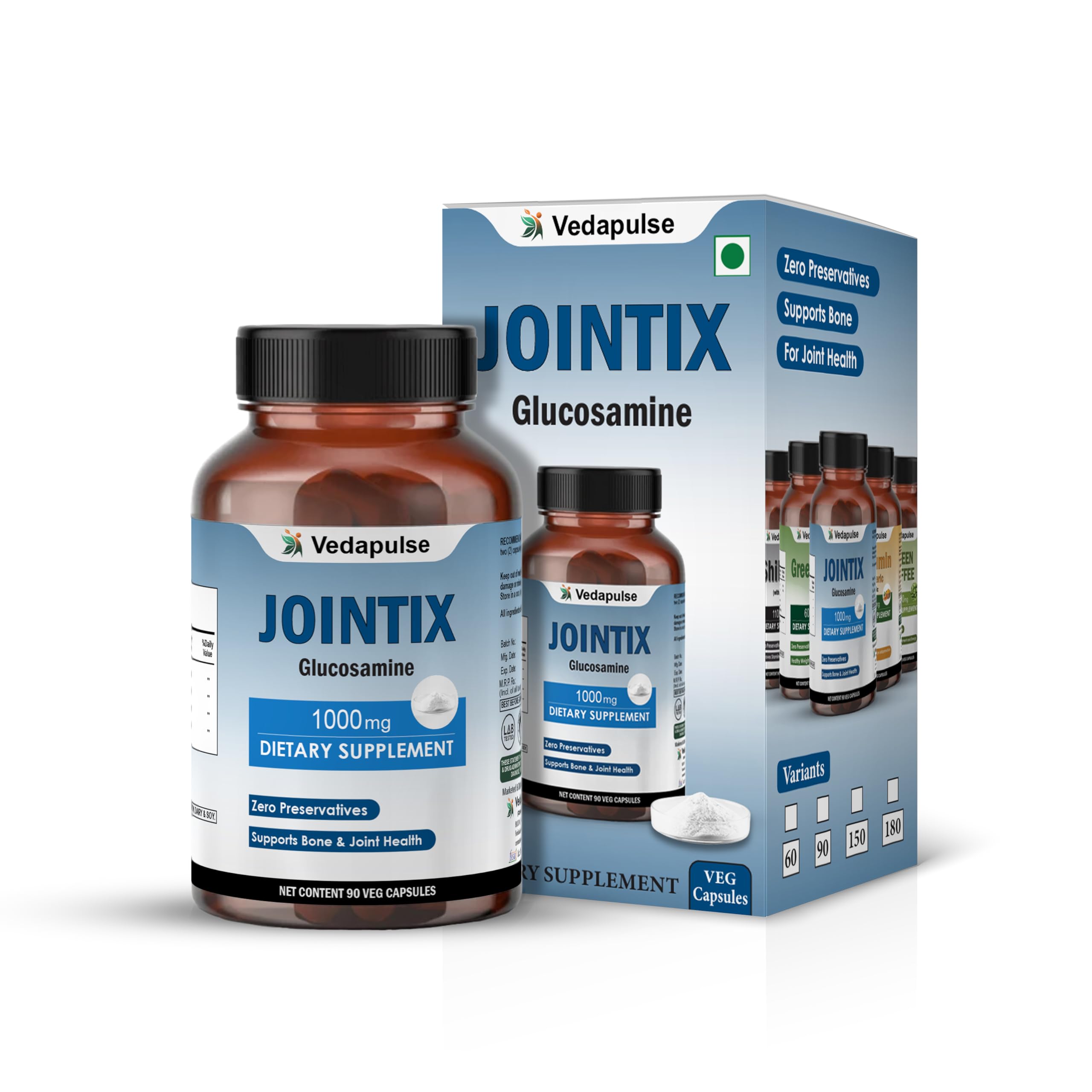 Vedapulse Jointix | Glucosamine HCL, Chondroitin Sulphate, MSM, Black Pepper | Bone & Joint Health Support | 1000mg | 90 Veg Capsules | No Gluten, Dairy, Soy | Dietary Supplement