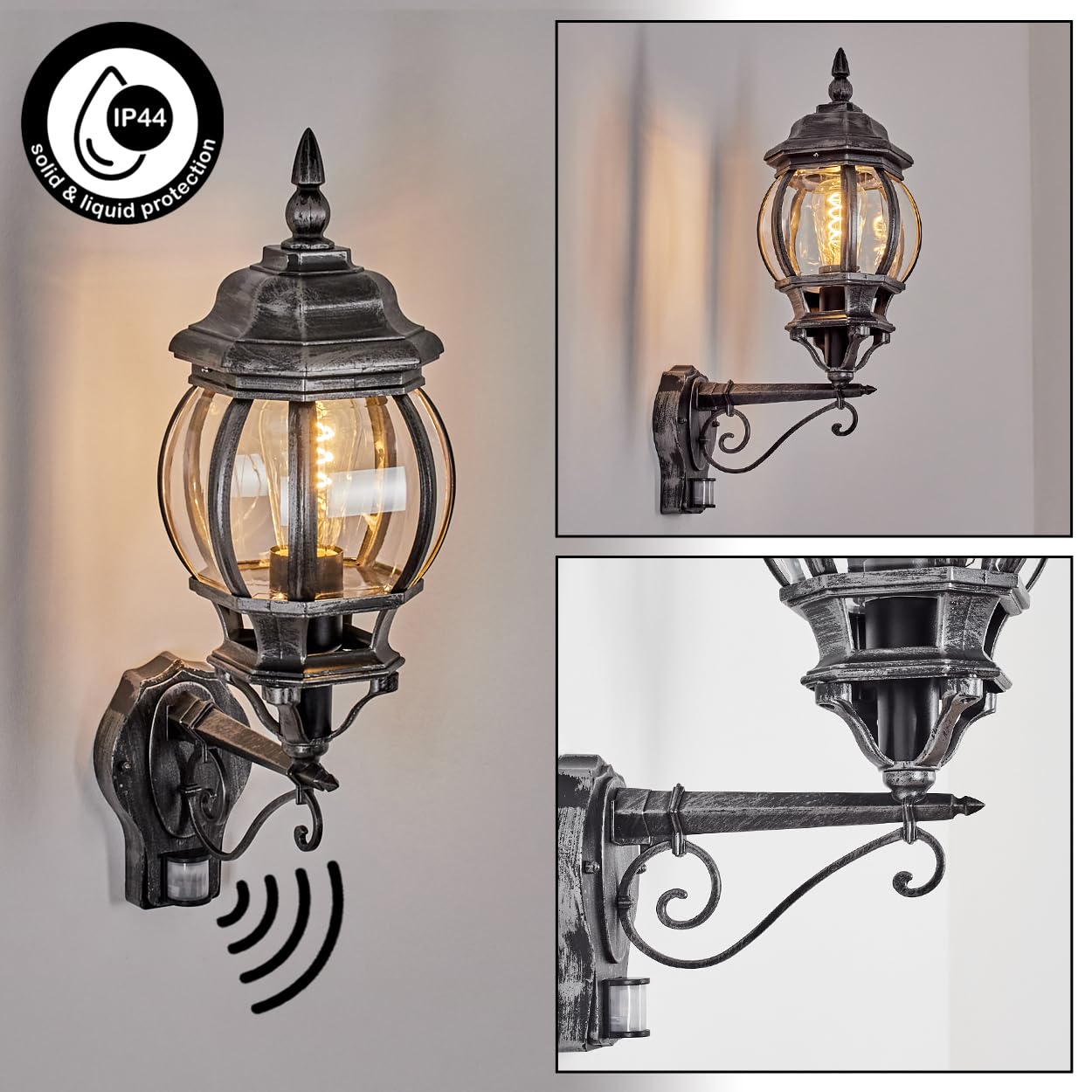 HOFSTEIN Außenwandleuchte Lentua, Außenwandlampe mit Bewegungsmelder aus Metall/Glas in Schwarz/Silber/Klar, Wandleuchte aufwärts außen Vintage mit Lichteffekt, E27, IP44, Hof, Außenbereich, Haustür