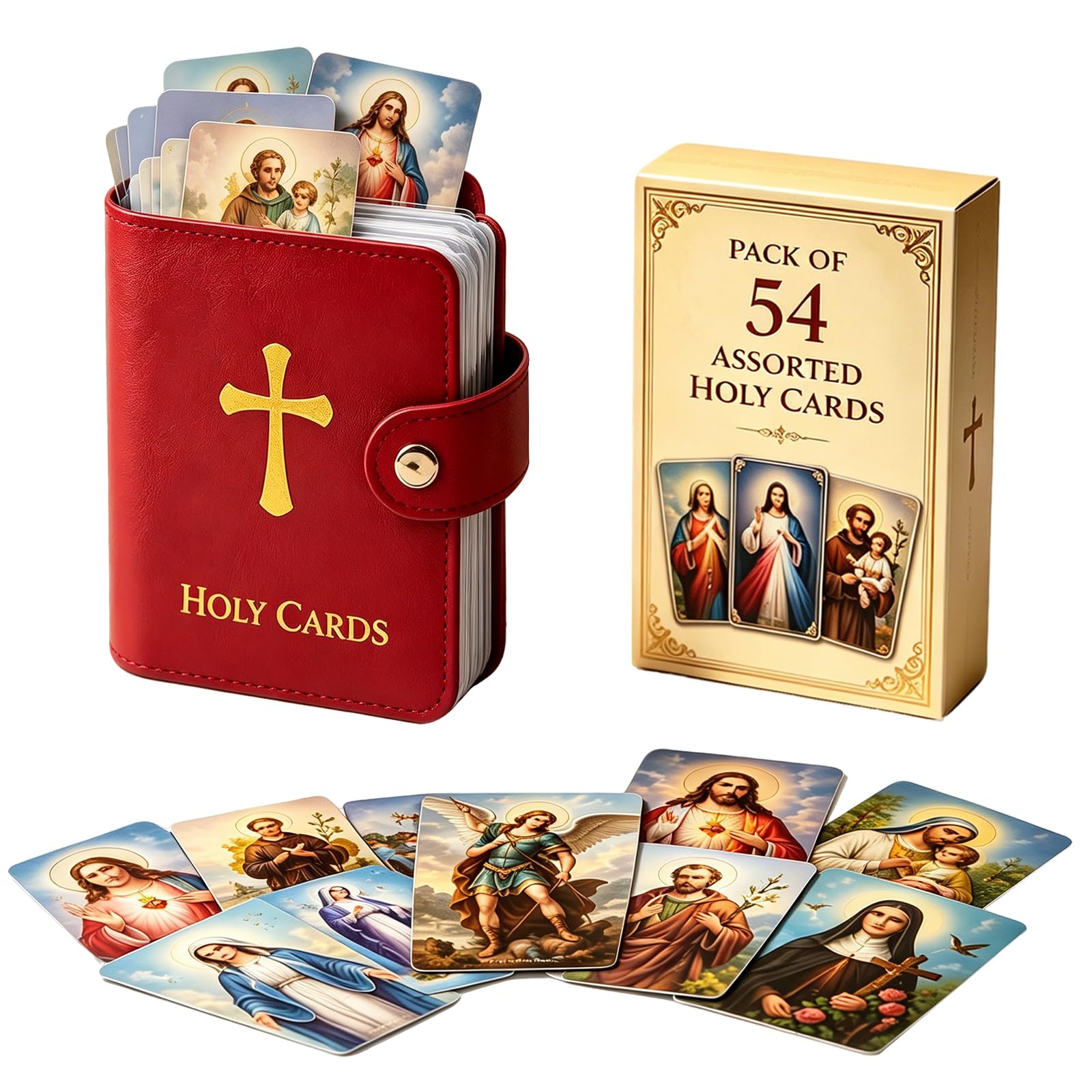 Viilich 54 Pieces Catholic Prayer Card Set with Pocket Leather Holy Card Organiser, Snap Closure Prayer Card Case, Portable Religious Holy Cards for Daily Mass, Bible Study