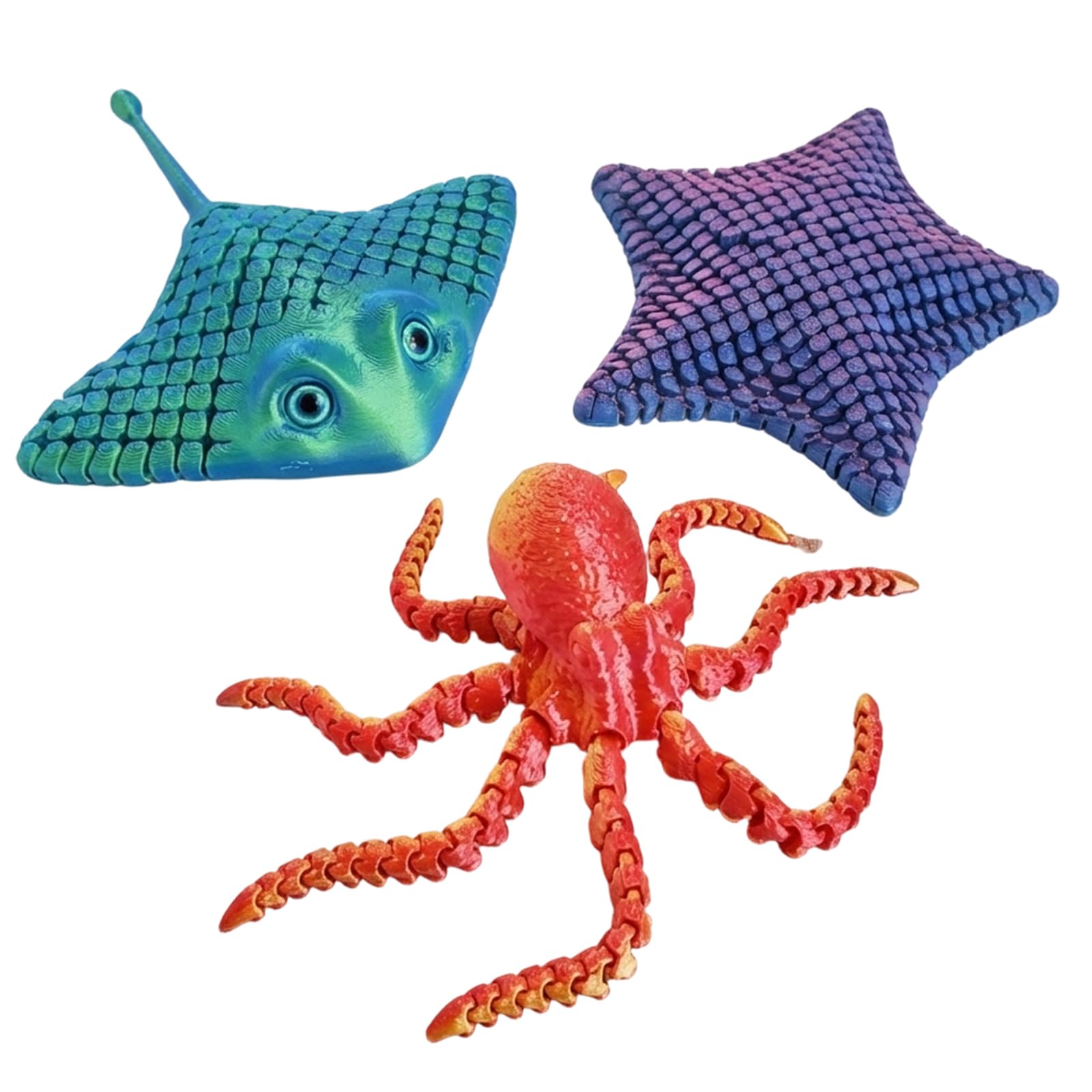 3D Printed Animals, Fidget Animal, 3 Pcs Stress Relief for Adults, 3D Printed Fidget Set with Starfish Octopus and Stingray, Sensory Stress Relief for Desk Decor and Focus Aid, Office and Travel