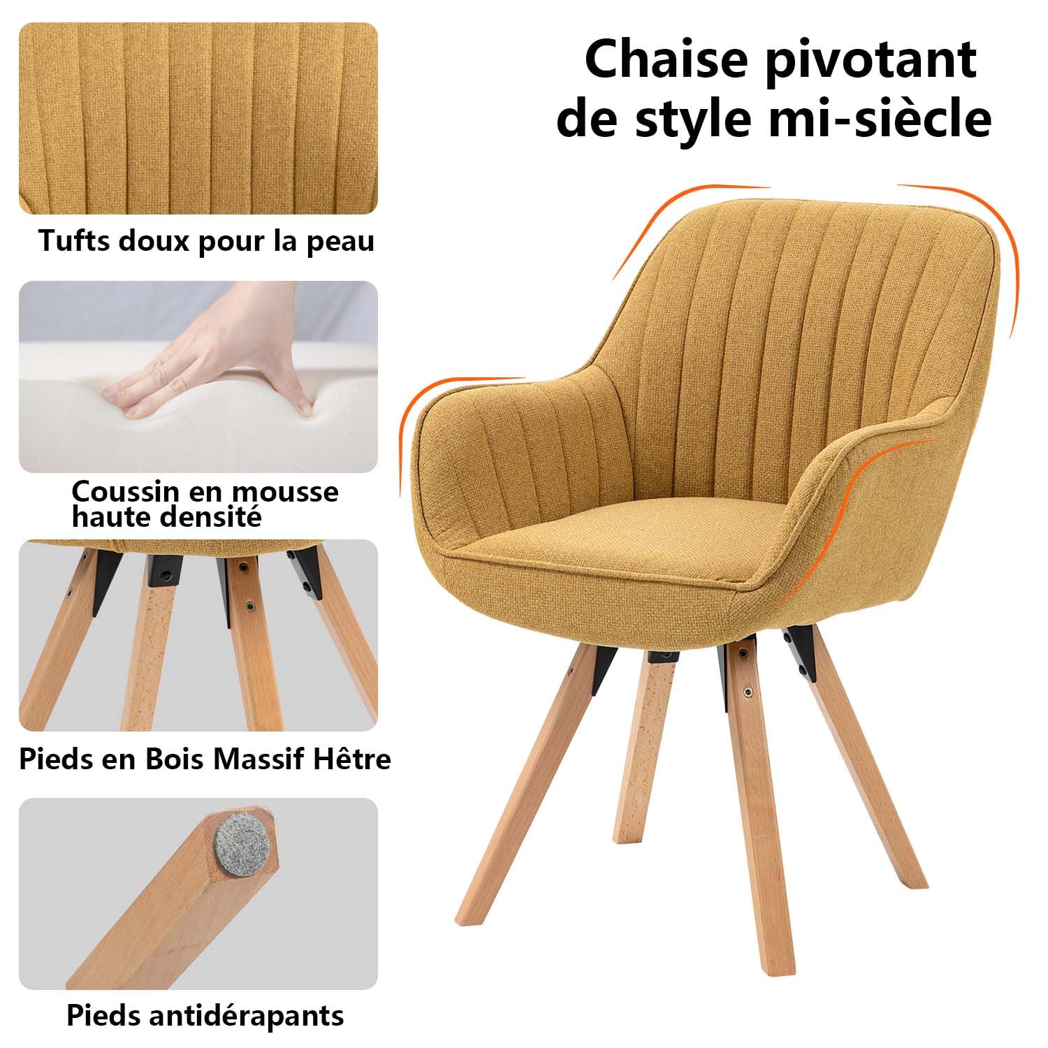 MEUBLE COSY Sedie da Pranzo Girevole a 360° Poltrona da Toelette Imbottite con Schienale e Braccioli per soggiorno cucina ufficio in Tessuto Gambe in Legno, Giallo