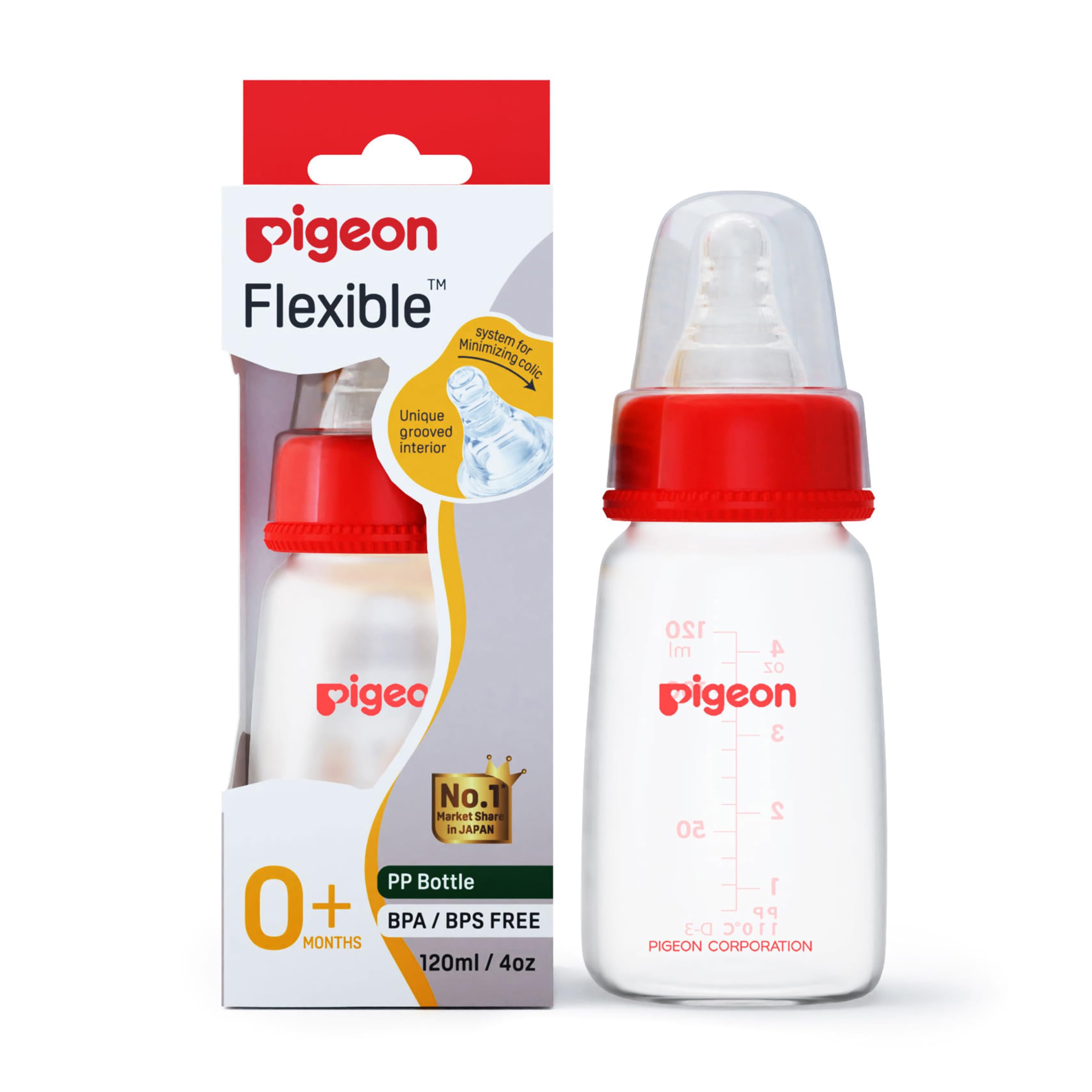 Pigeon Peristaltic Baby Nursing/Feeding Plastic Bottle KPP Nipple S,For 0+ Month Babies,BPA Free,BPS Free,Square Base,Red,120 ml