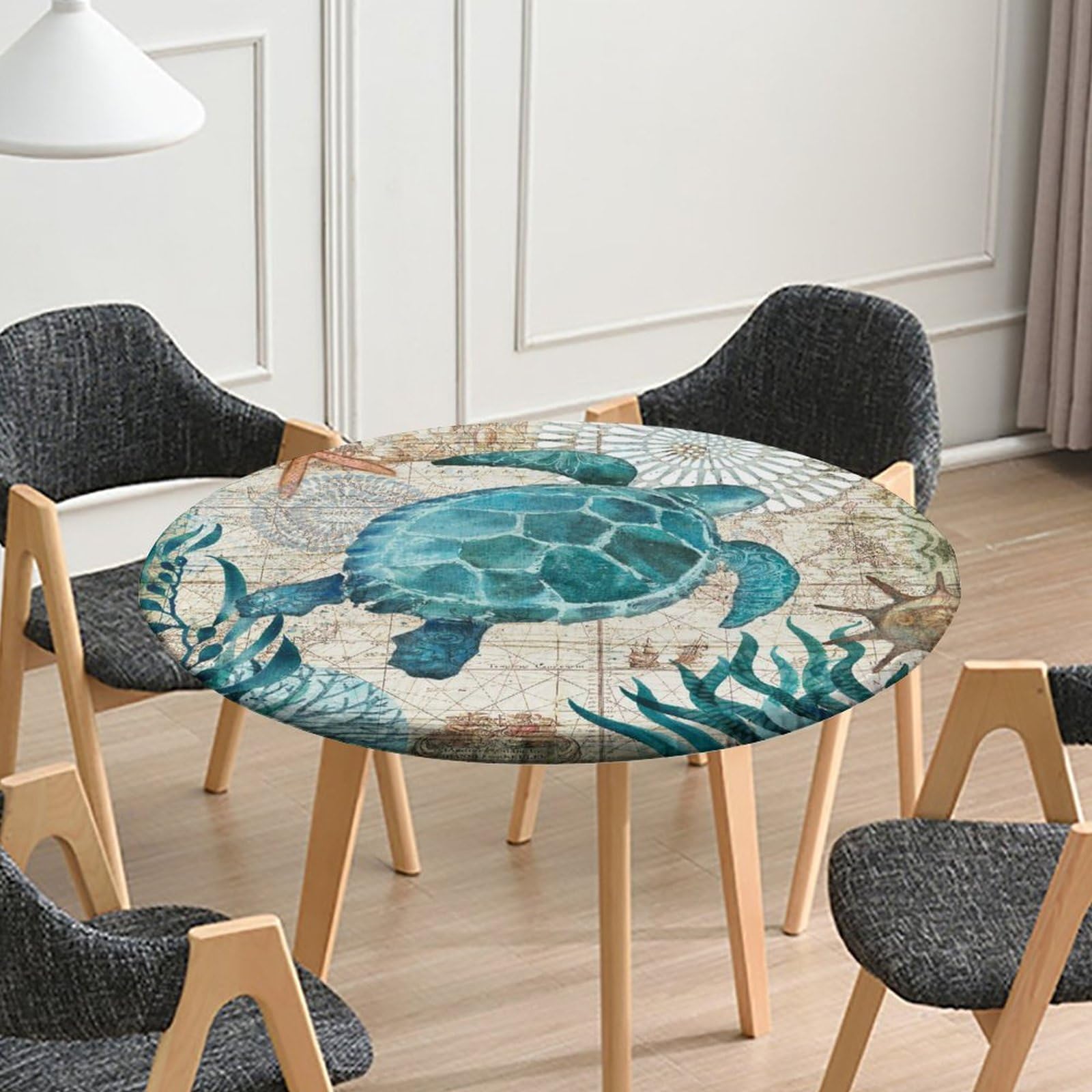 igoga sports Fitted Tablecloth Round with Elastic, Spring Edge Table Cover Pad for Outdoor Picnic Party or Indoor Kitchen Patio Dining Table Decor Fits Tables Up to 36''-40'' Diameter, Turtle-1