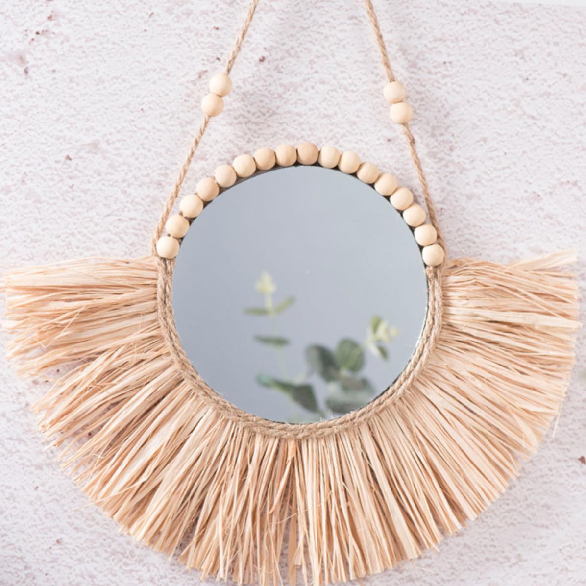 Runder Wandhängendes Aluminium in Spiegel Raffia aus Wandspiegel Dekorativer mit Glattem HD Design Beige für Heim und Schlafzimmereinrichtung