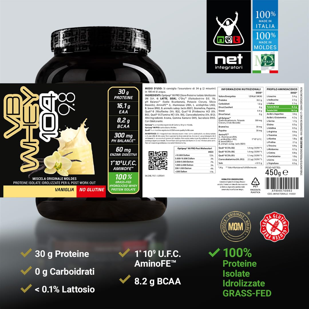NET Integratori VB WHEY 104 9.8 Optipep - 450g Vaniglia - Proteine Isolate Idrolizzate per via Enzimatica Con EAA e BCAA - Massimizza Sintesi Proteica, Crescita e Mantenimento Muscolare