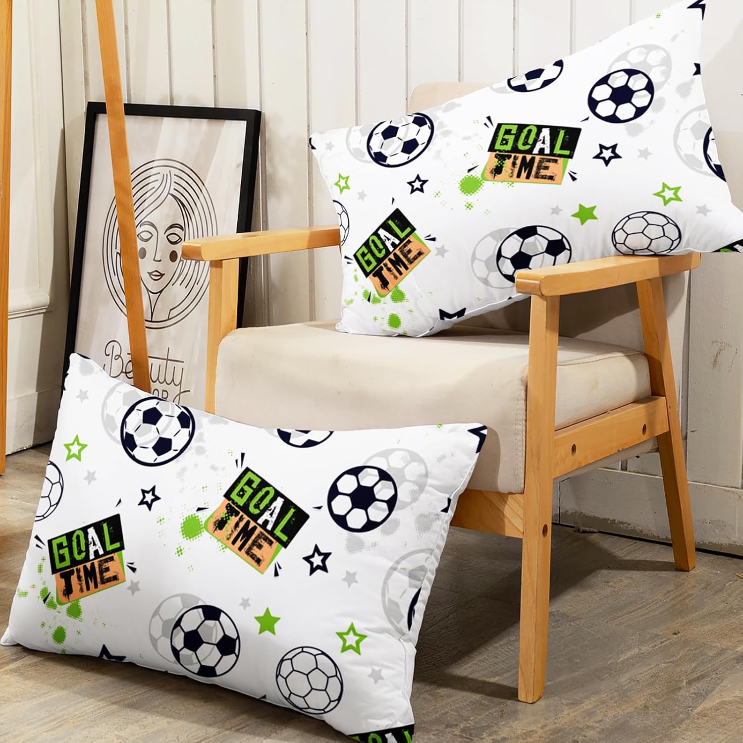 AILONEN Cartoon Soccer Pattern Bed Sheets Set for Kids Teens Twin Size, Soccer Sports Theme Bedding Sets,Goal Time Style Bedsheets Set,1 Fitted Sheet and 2 Pillowcases,3 Pcs