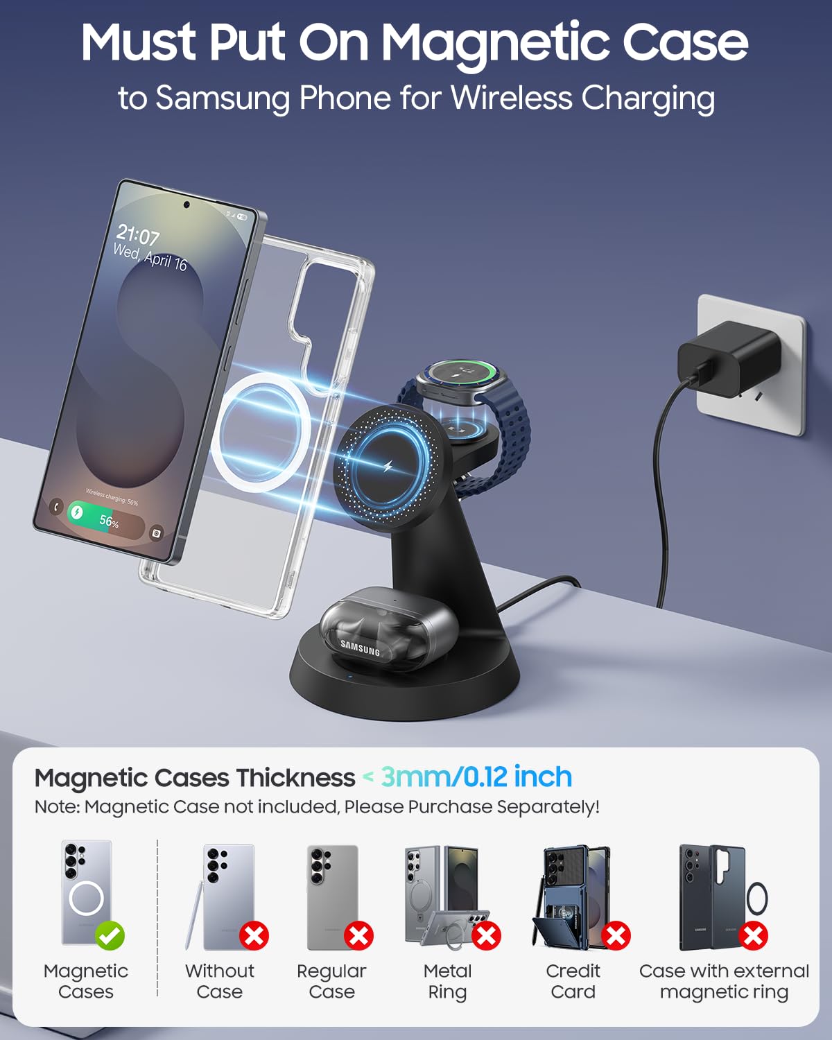 Caricabatterie wireless 3 in 1 per Samsung, stazione di ricarica magnetica compatibile con MagSafe Samsung Charger per Galaxy S25 Ultra S24 Z Fold7/Flip7, supporto caricabatterie orologio per Galaxy