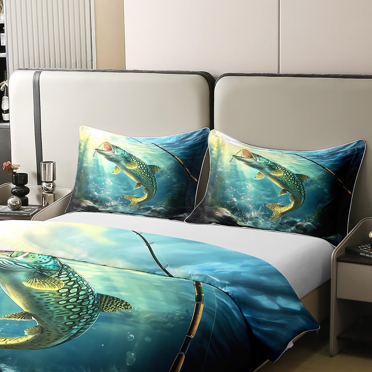 Loussiesd Big Hecht Fisch 100% Baumwolle Bettwäsche Set 135x200cm Fischen und Jagen Bettbezug für Kinder Jungen Mädchen Zimmer Dekor Fischer Fisch Mann Betten Fischen Bettwäsche-Set