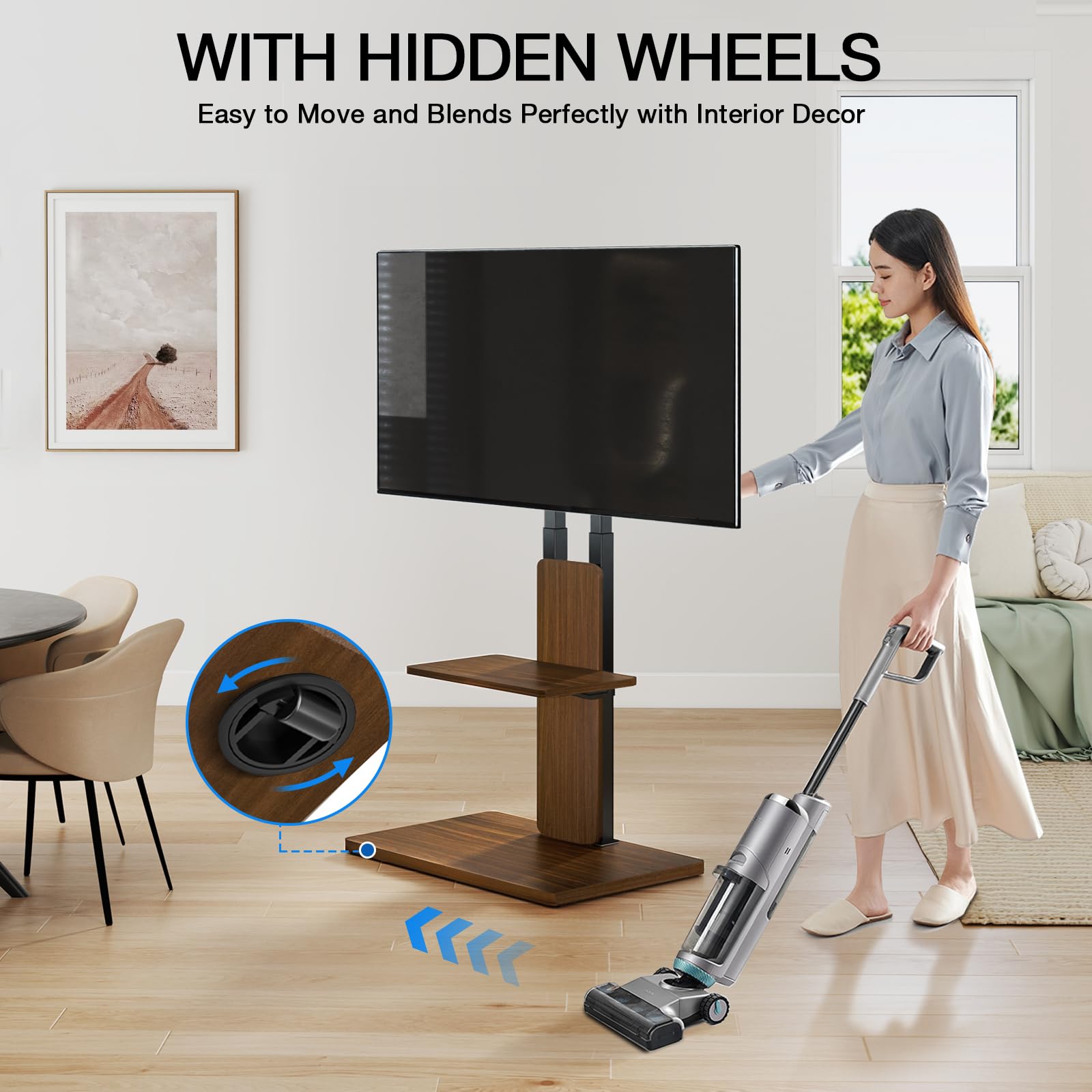 TVON Support TV au Sol avec roulettes Cachées pour Téléviseurs 32-70 Pouces, Hauteur Réglable, Support TV sur Pied Jusqu'à 45 kg avec Étagère Ajustable en Bois, Max VESA 400x400mm