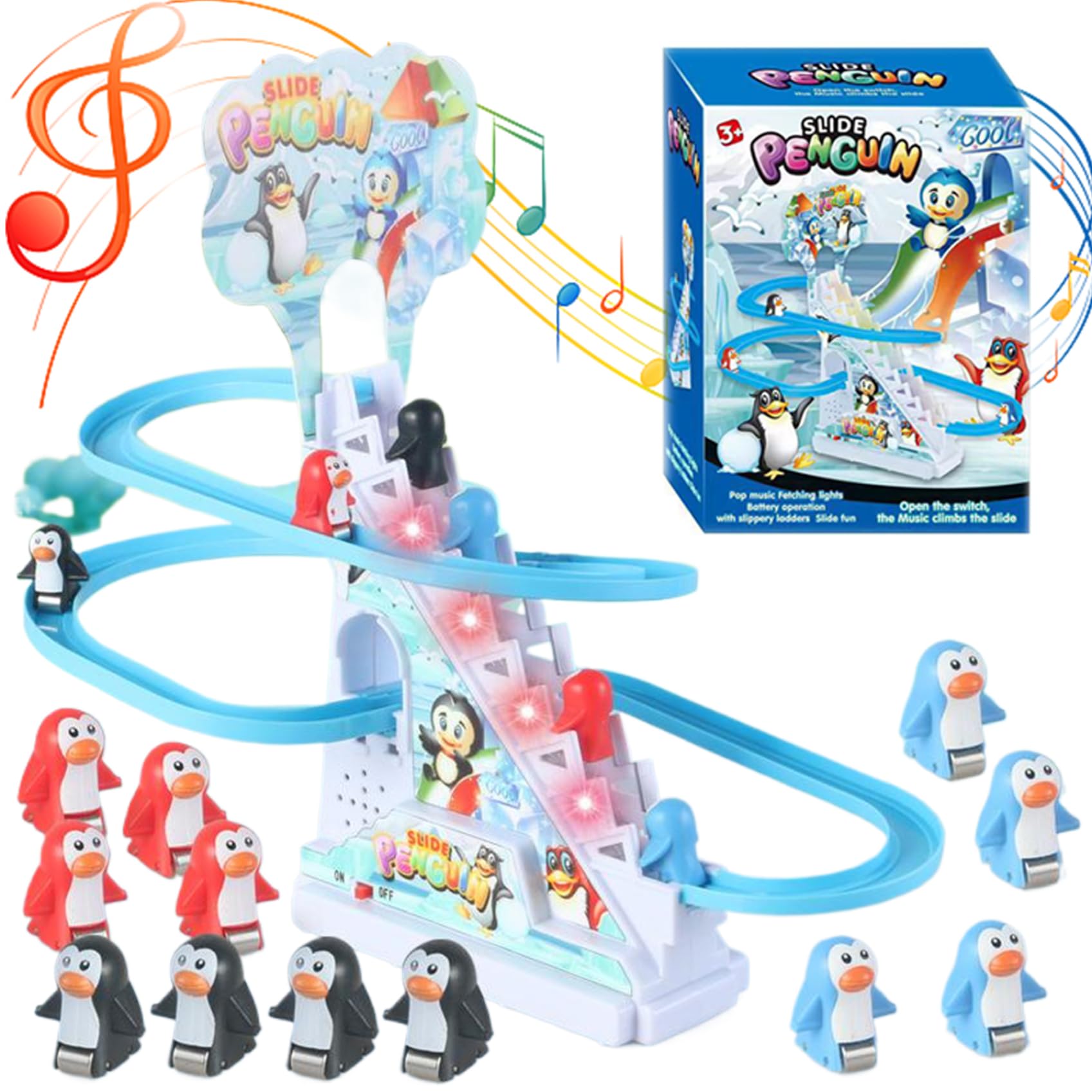 Pista per macchinine Giocattolo per Scale da Arrampicata elettrica con Pinguini con 9 Pinguini LED Musicali