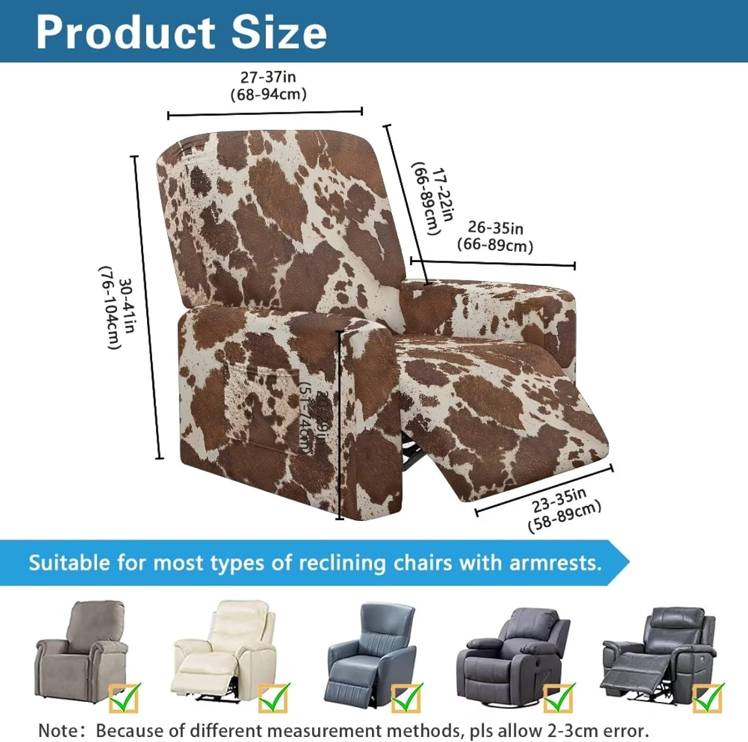 Talayituse Brown Cow Print Stretch Recliner Slipcovers Printed Sofa Cover 4-Piece Lazy Boy Chair Covers Furniture Protector Recliner Chair Cover with Storage Pocket for Living Room