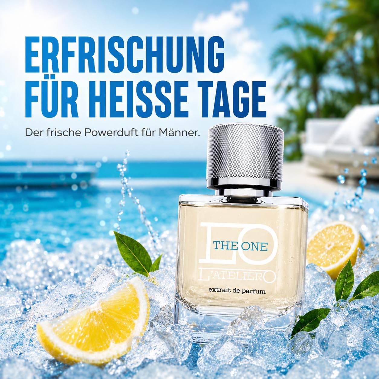 L'ATELIERO - THE ONE - Sommerduft für Herren Extrait de Parfum 50 ml | Frisches Sommerparfum mit 25% Duftöl, aquatisch zitrischer Duft, clean, intensiv und langanhaltend