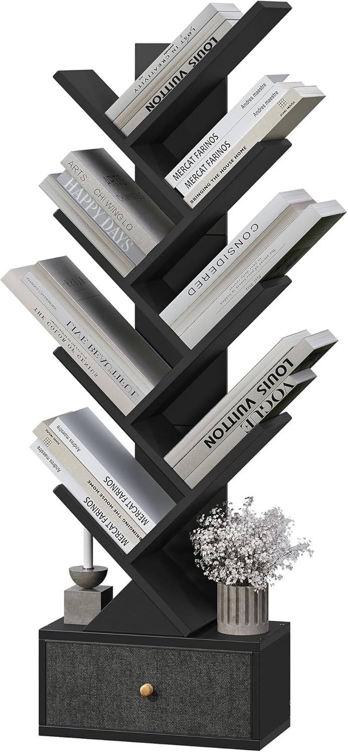 9 Tier Tree Book Shelf with Drawer, Floor Standing Bookshelf Storage Organizer Bookshelves for Books/CDs, 9 Shelf Narrow Bookcase for Sturdy Room, Bedroom, Living Room, Black 9 Tier Tree Book Shelf with Drawer, Floor Standing Bookshelf Storage Organizer Bookshelves for Books/CDs, 9 Shelf Narrow Bookcase for Sturdy Room, Bedroom, Living Room, Black