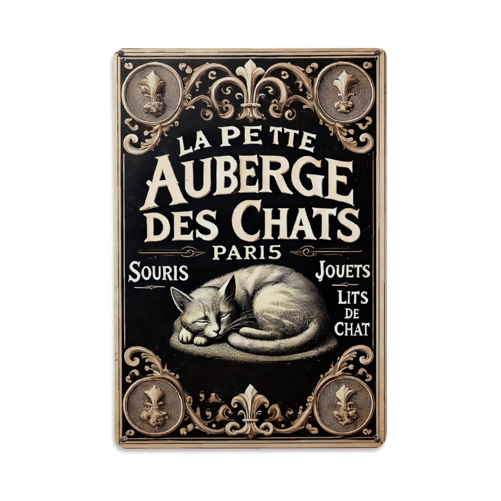 Cat Sleeping On Cushion With Fleur De Lis Tin Sign Metal Poster Vintage Metal Signs for Home Man Cave Bar Cafe Kitchen laundry room Wall Decorations Gift 8x12Inch