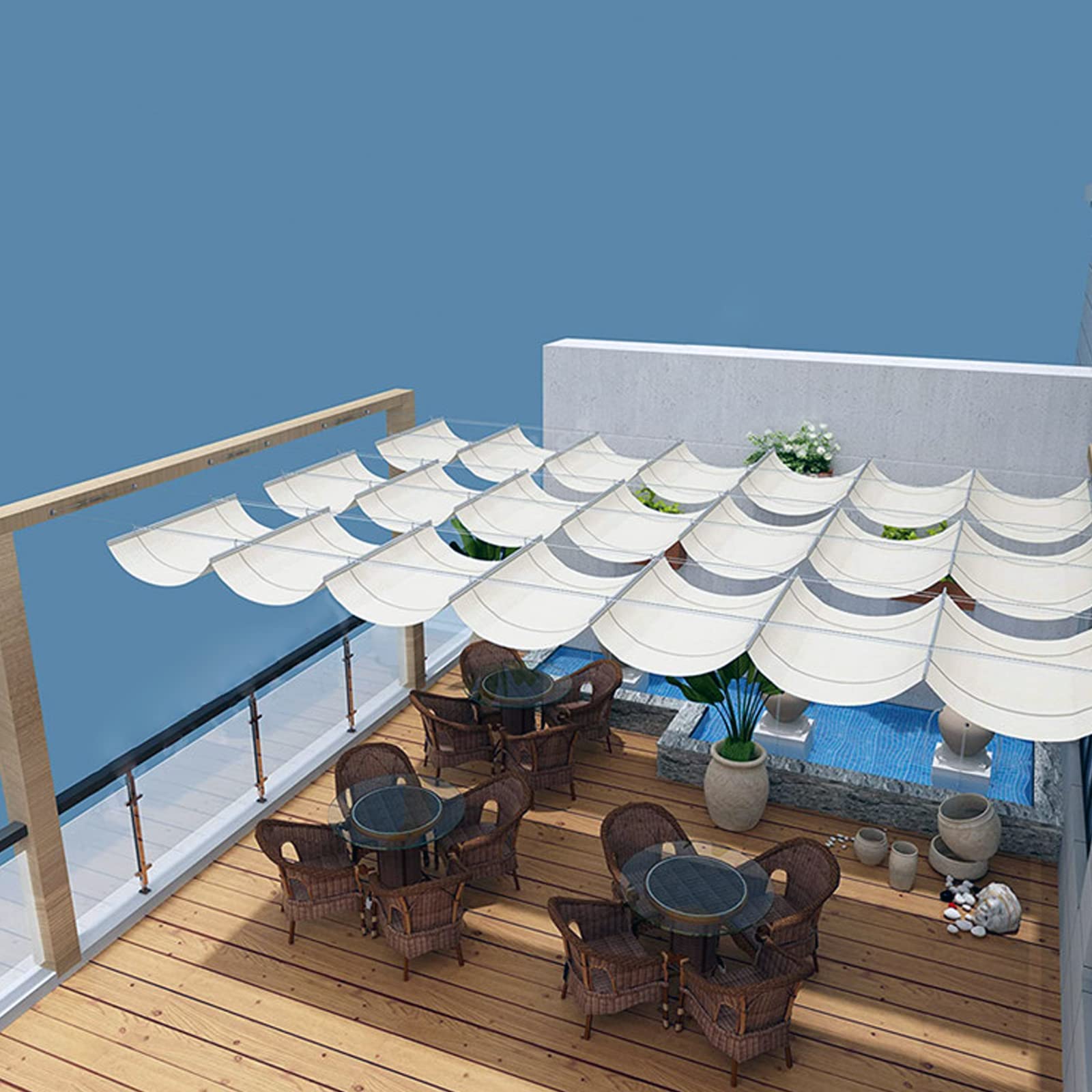 WQPMNYG Modern Retractable Wave Shade Sails,U Shape Wave Shade Cloth Sail,Permeable Wave Sun Shade Net,Light Filter Awning,90% Sun Shades,for Porch Outdoor,with Mounting Kit (1.5x5m/4.9x16.4ft)
