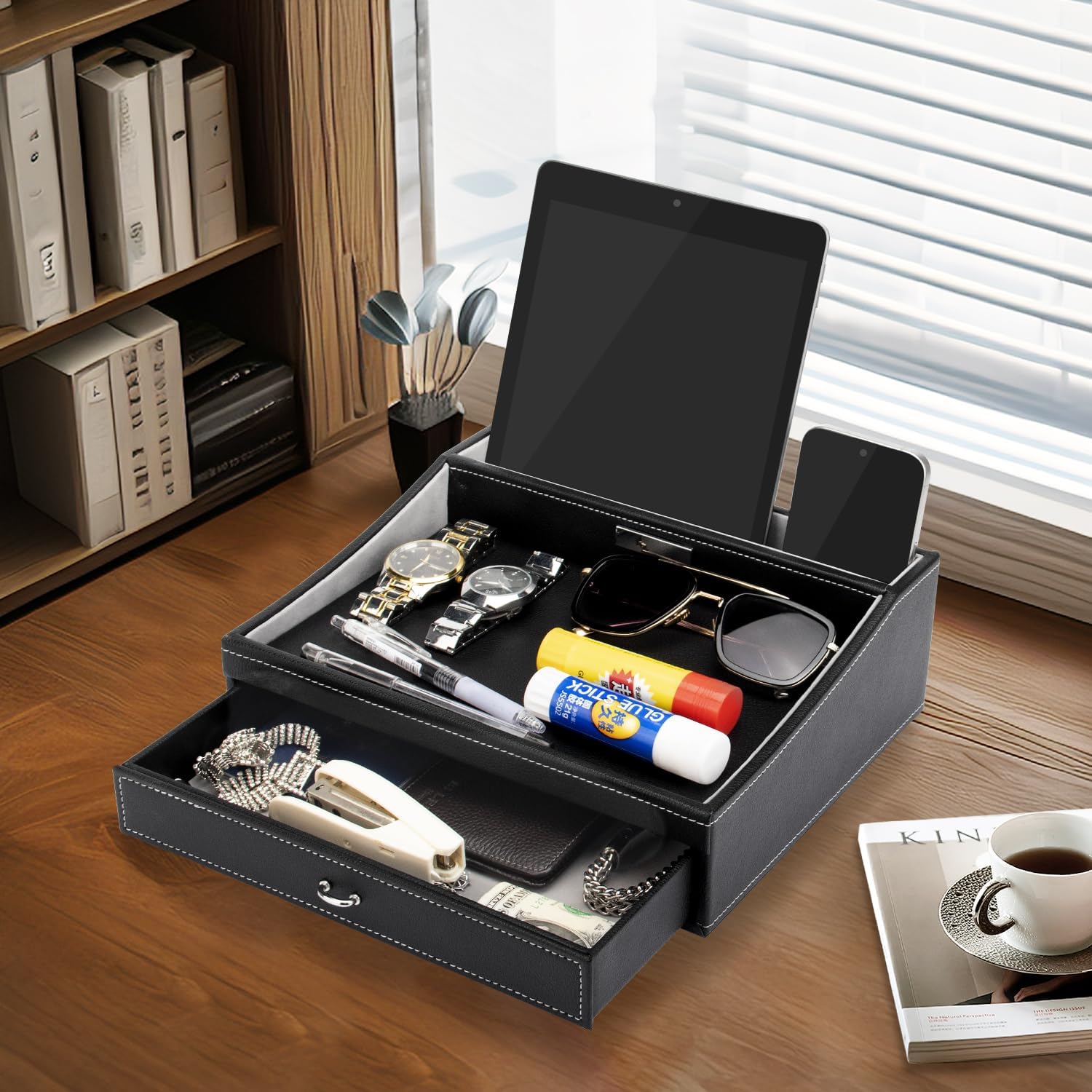 Baoyun Gifts for Dad Mens Nightstand Organizer, Jewelry Box for Men, Mens Dresser Organizer Countertop, Large Capacity Leather Valet Tray for Phones Pad Wallet Key Christmas Gifts for Men - Image 4