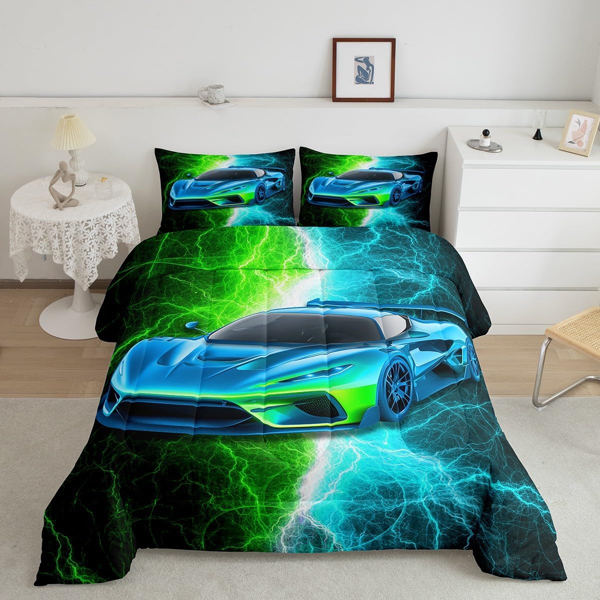 Erosebridal Sports Car Queen Comforter Set for Boys,Green Teal Race Car Bedding Set for Kids Adults,Racing Cars Quilt Bed Set Lightning Racecar Bed Comforter Sets with 2 Pillowcases Room Decor