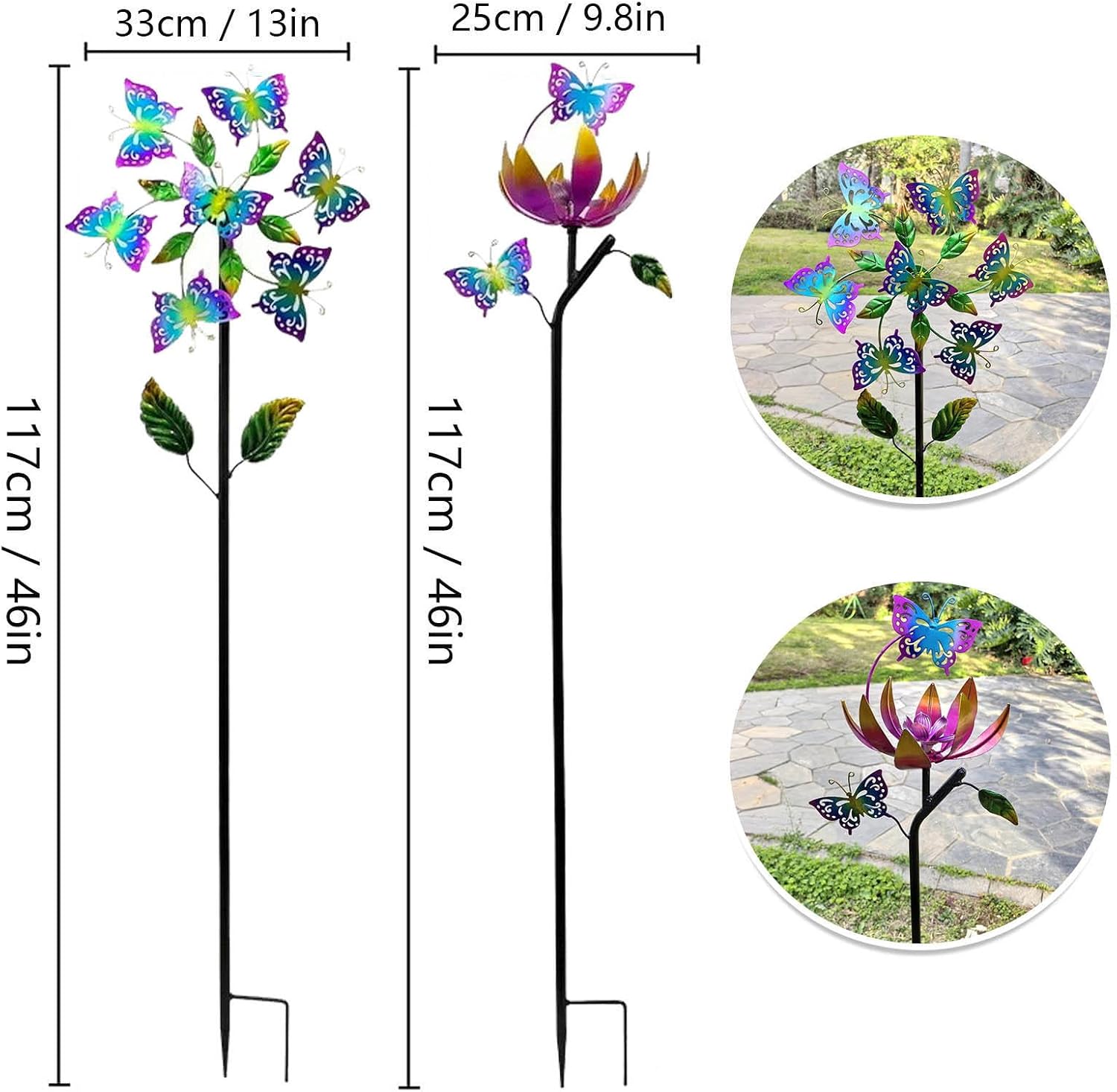 Butterfly Garden Wind Spinners for Yard, 117cm/46inch Garden Wind Spinner 360° Metal Windmills, Backyard Spinners for Yard, Gift for Family Friends,A+B（4Packs）