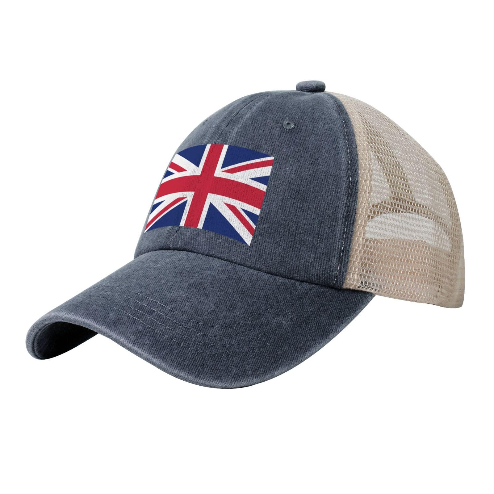 Gaxfjru Unisex Navy Blue British Flag Stylish Cowboy Mesh Baseball Cap For Men - Classic And Versatile Trucker Hat,Mesh Snapback Hats For Men, One Size