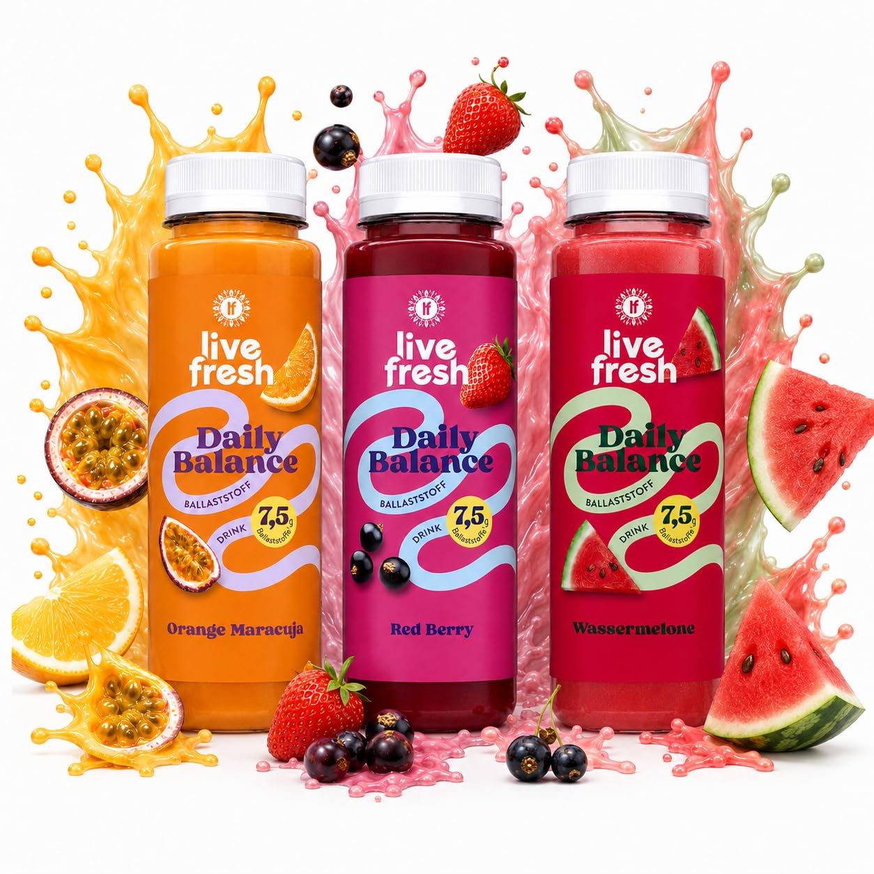 LiveFresh Ballaststoff Drink Probierpaket – 18x 250ml | 7,5g Ballaststoffe pro Flasche – Kaltgepresst¹ – Ohne Zuckerzusatz² – Mit Calcium