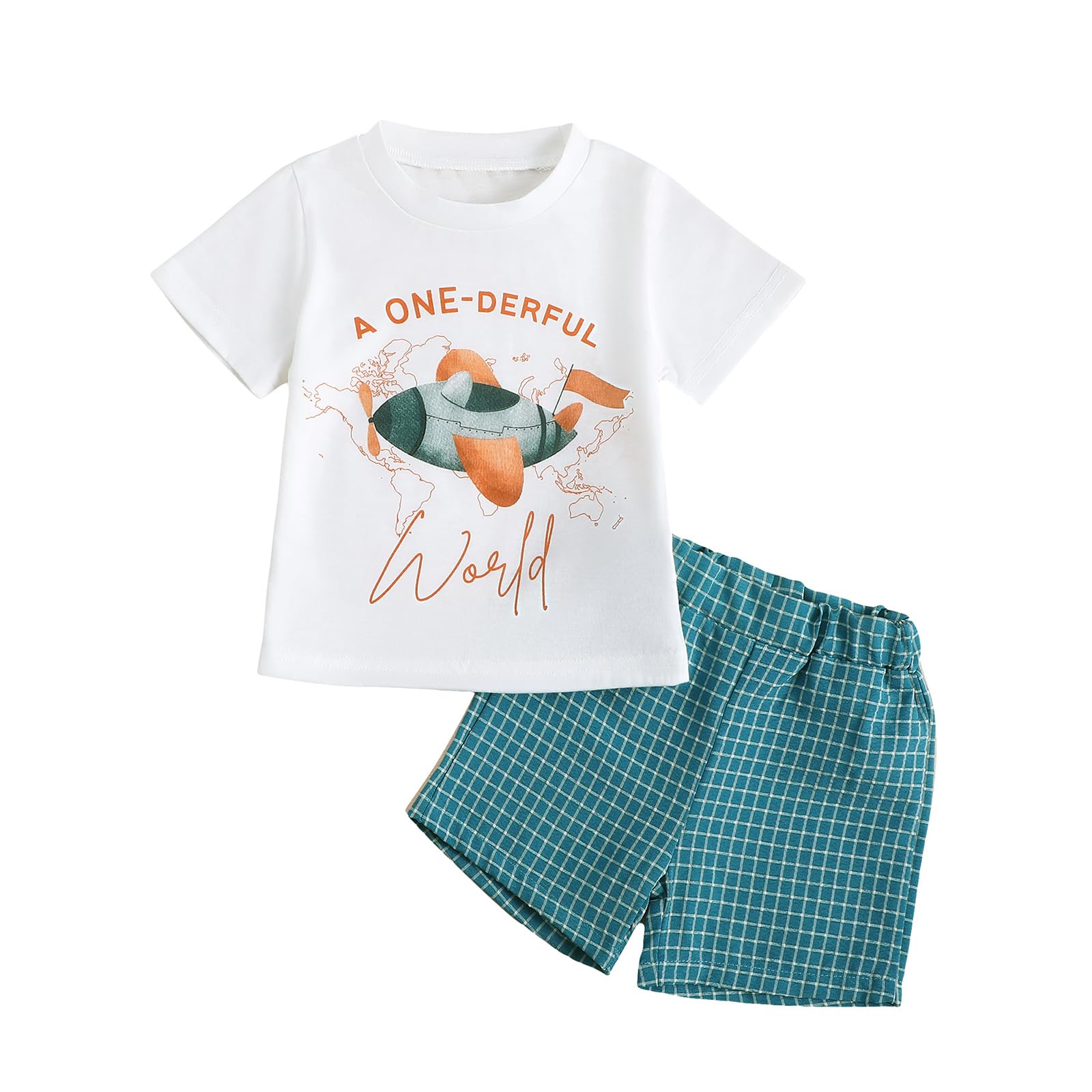 Canis Baby Boys First Birthday Outfit Airplane Print A One-derful World Short Sleeve T-Shirt and Plaid Shorts Set (Blue, 12-18 Months)