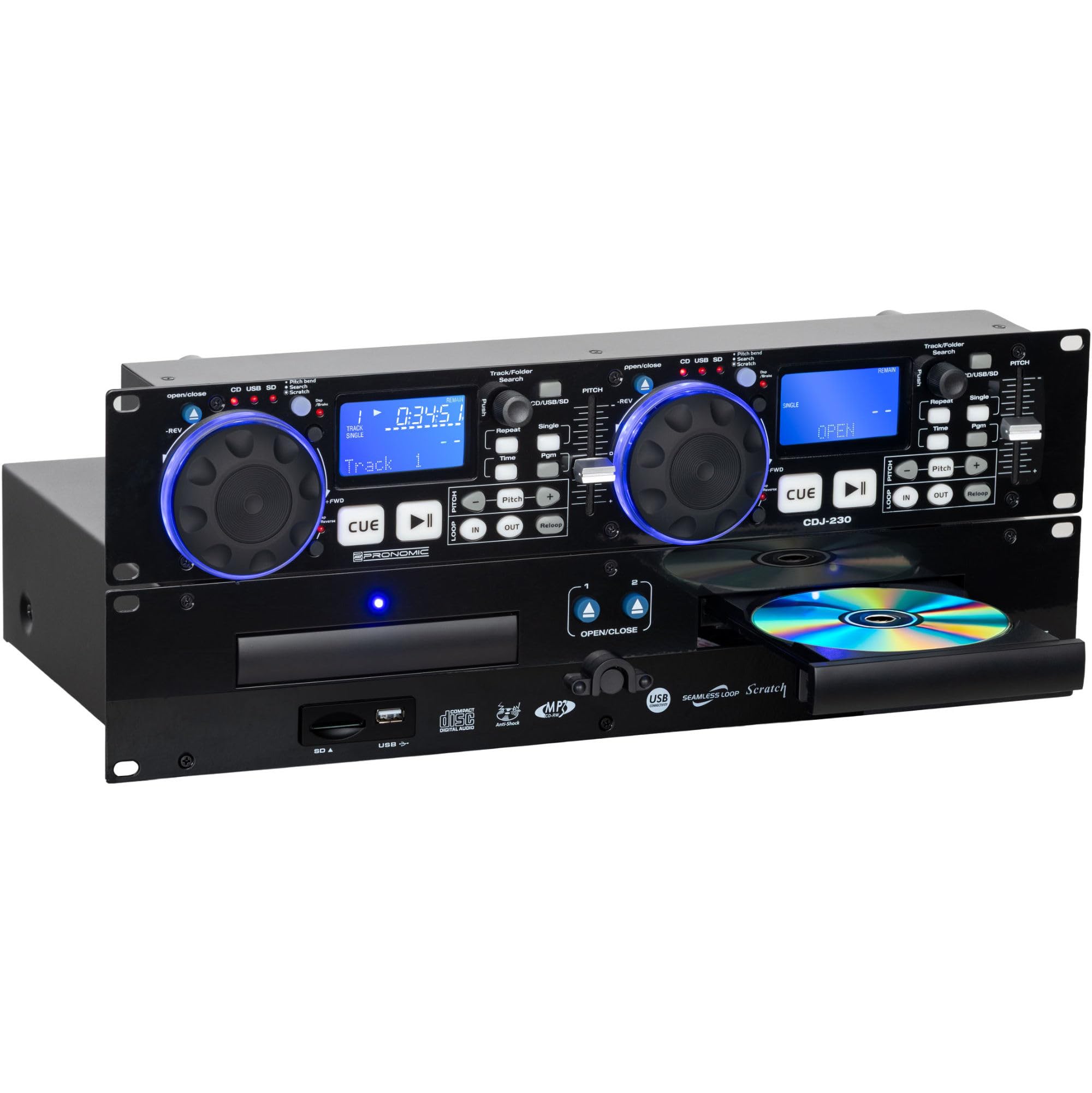 Pronomic CDJ-230 Double Lecteur CD DJ - Lecteur CD MP3 2 canaux avec contrôleur séparé, USB et SD, Pitch Bender, Effets DSP, Seamless Loop, Format Rack 19 Pouces, Noir